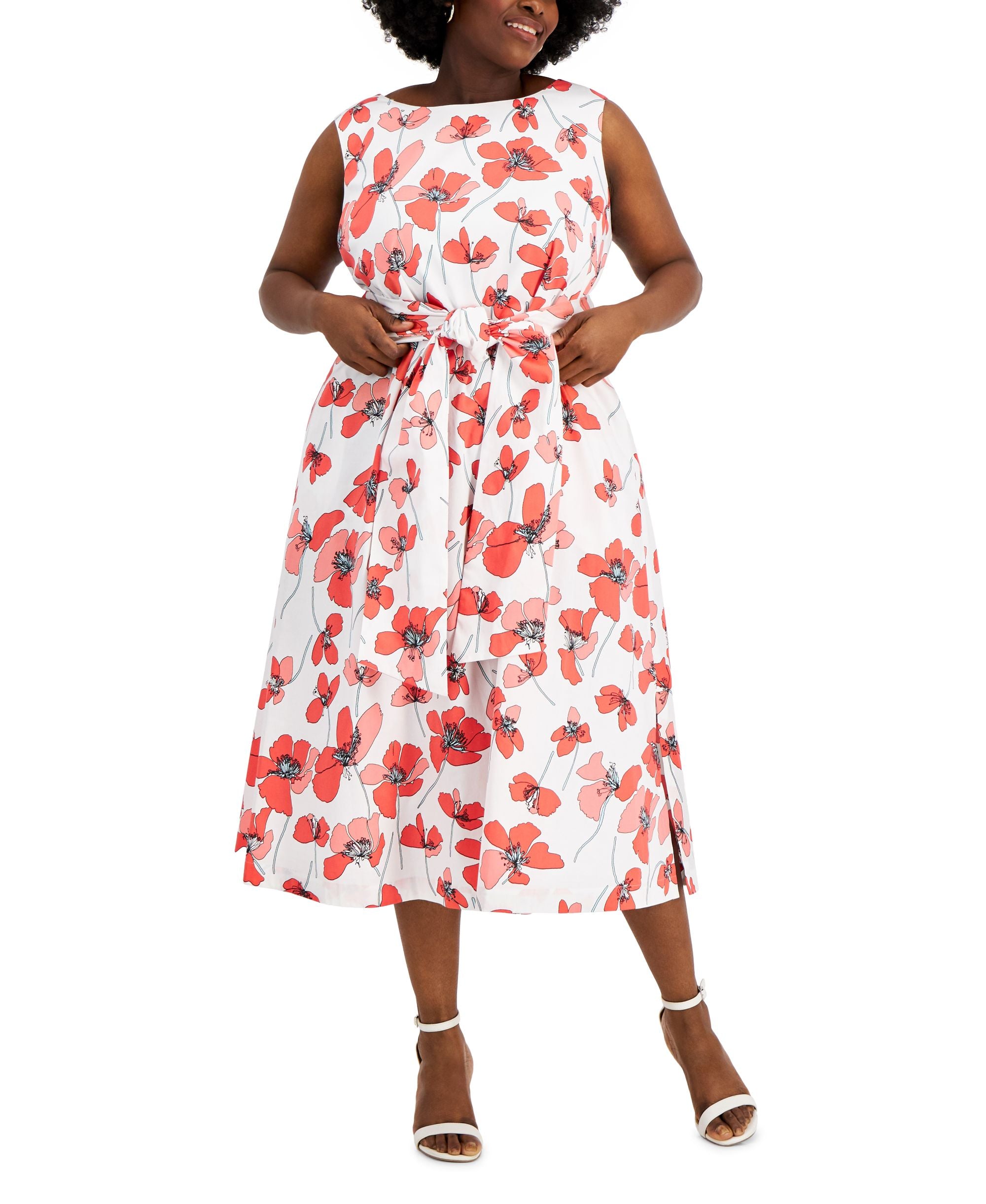 Anne Klein Plus Size Floral Print Fit Flare Belted Midi Dress