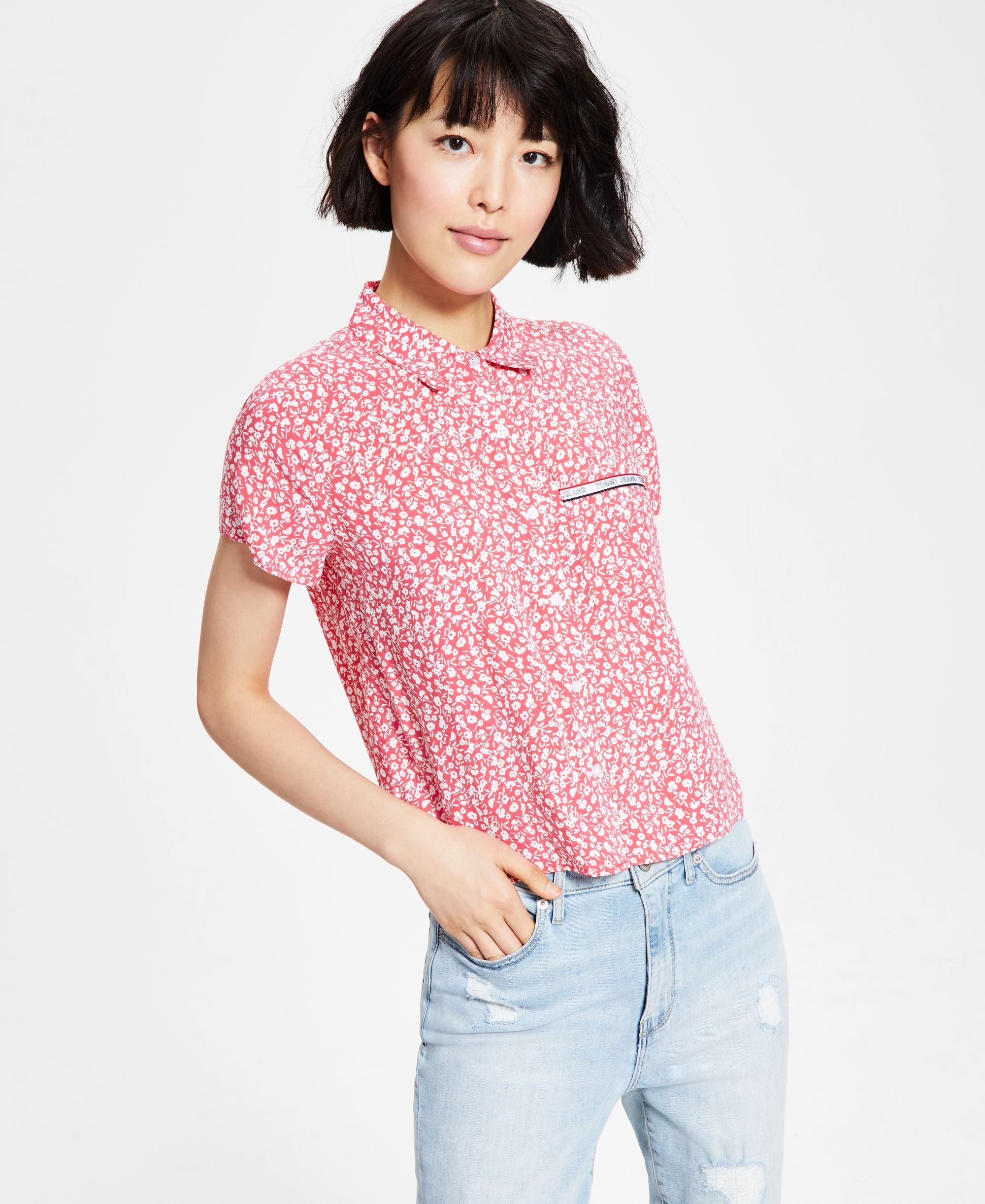 Tommy Premium Jeans Womens Floral Print Button-Down Modern Shirt