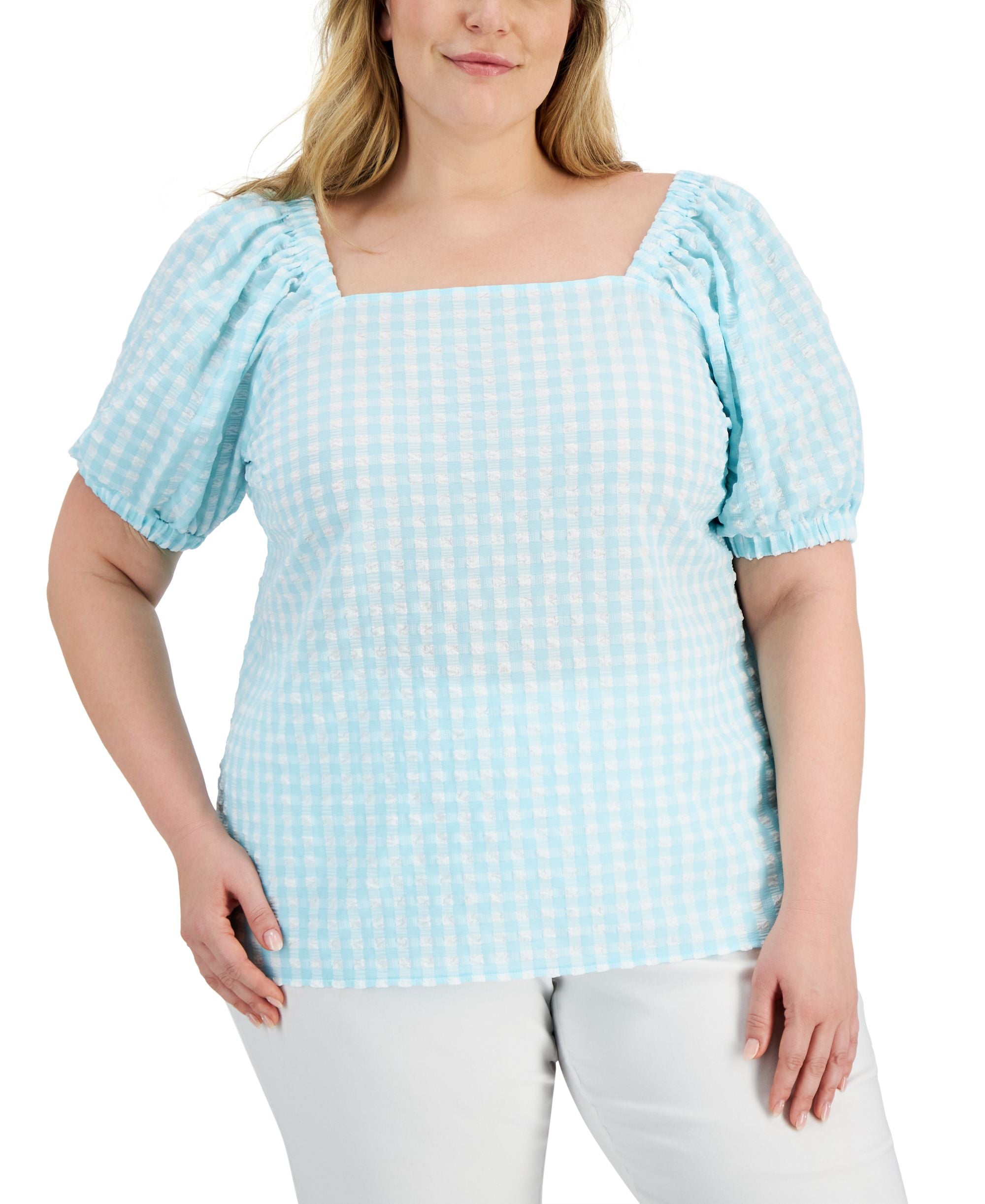 Anne Klein Plus Size Gingham Seersucker Puff-Sleeve Premium Top