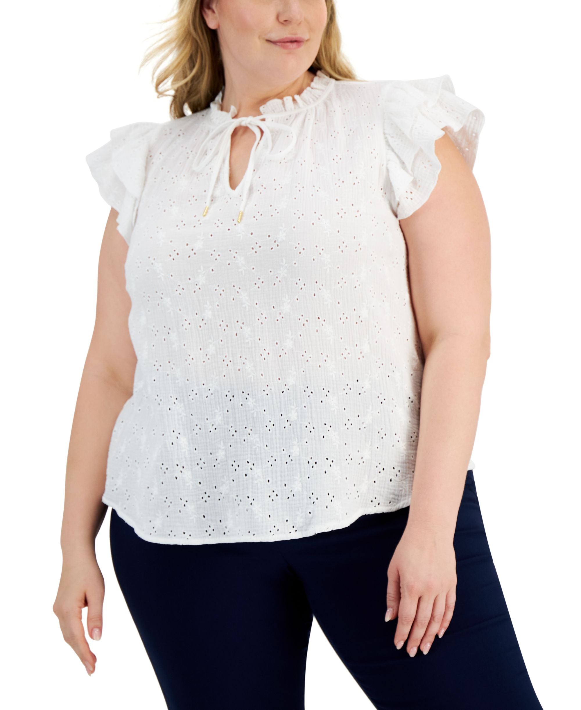 Anne Klein Plus Size Eyelet Flutter-Sleeve Premium Top