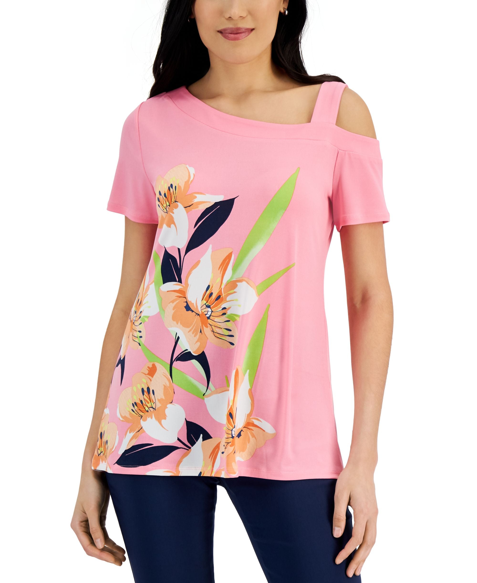 JM Collection Floral Cold Shoulder Premium Top