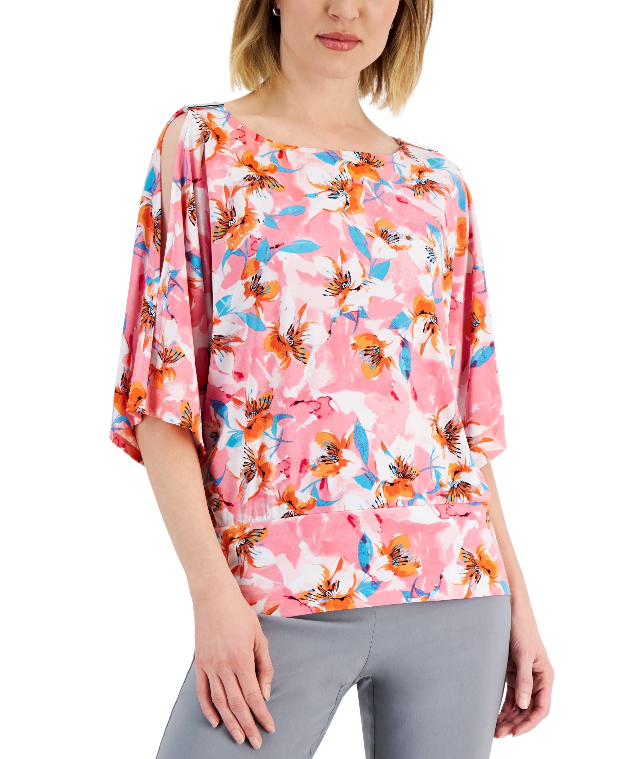 JM Collection Womens Abstract Print Cutout Sleeve Premium Top