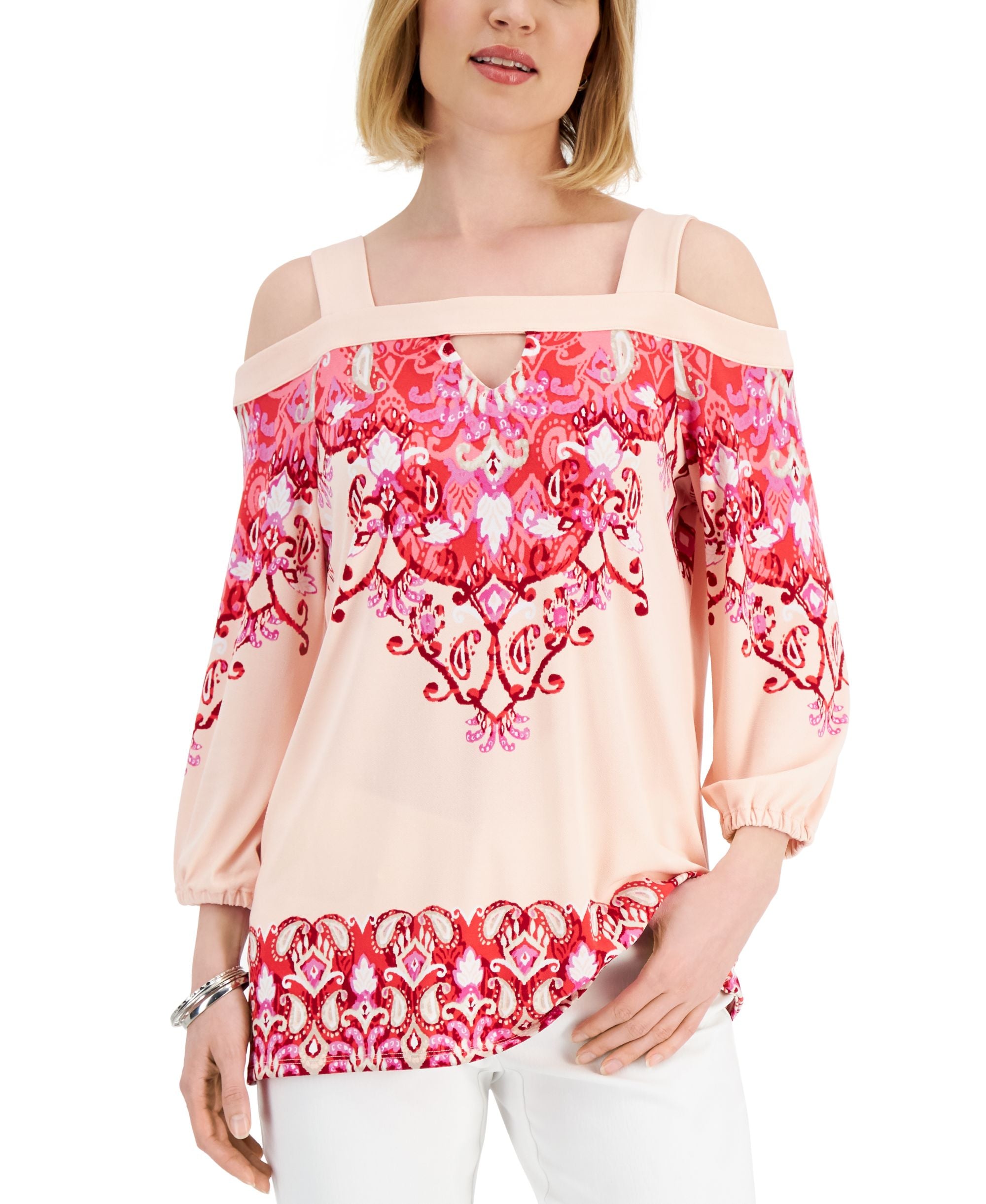 JM Collection Womens Manda Printed Cold Shoulder Premium Top