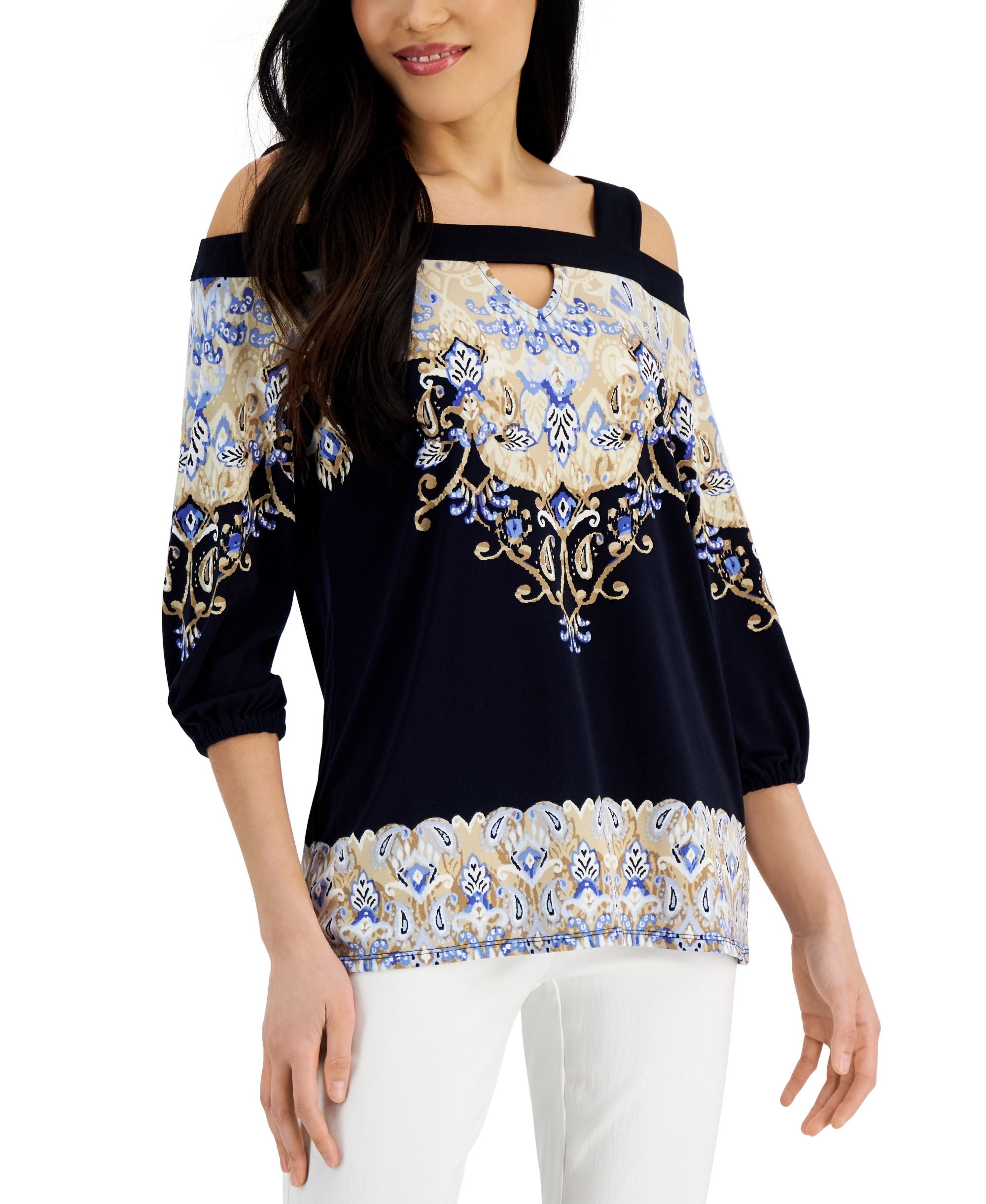 JM Collection Womens Manda Printed Cold Shoulder Premium Top