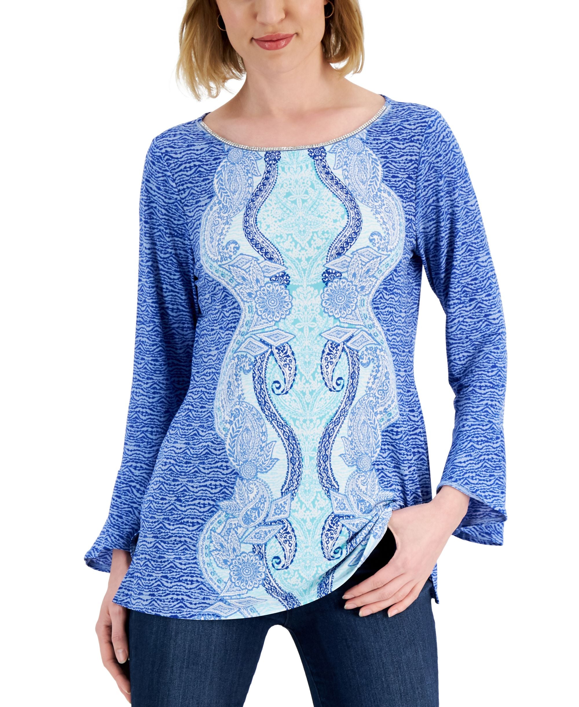 JM Collection Printed Flared Sleeve Premium Top