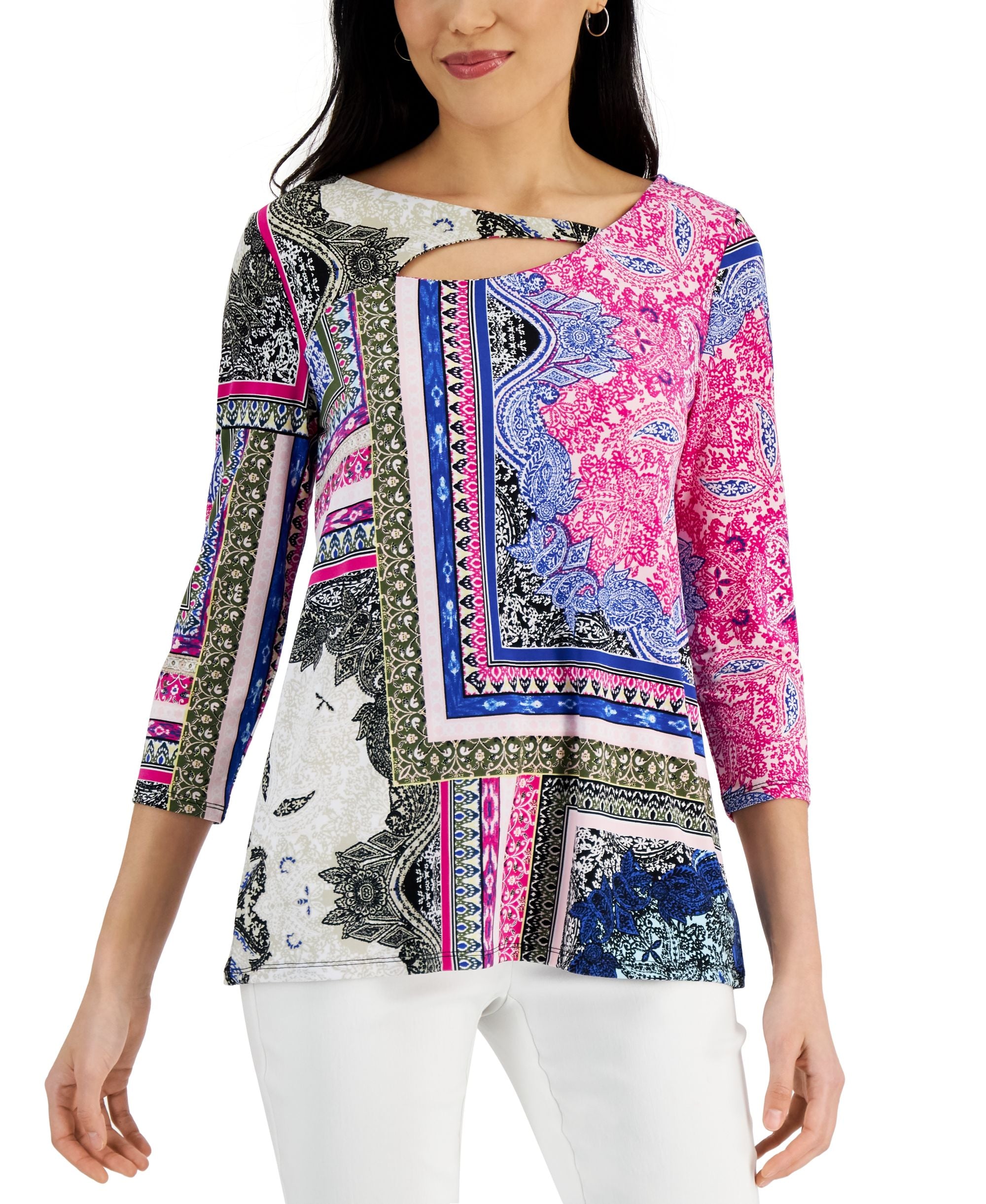 JM Collection Womens Serafina Patchwork Print Premium Top