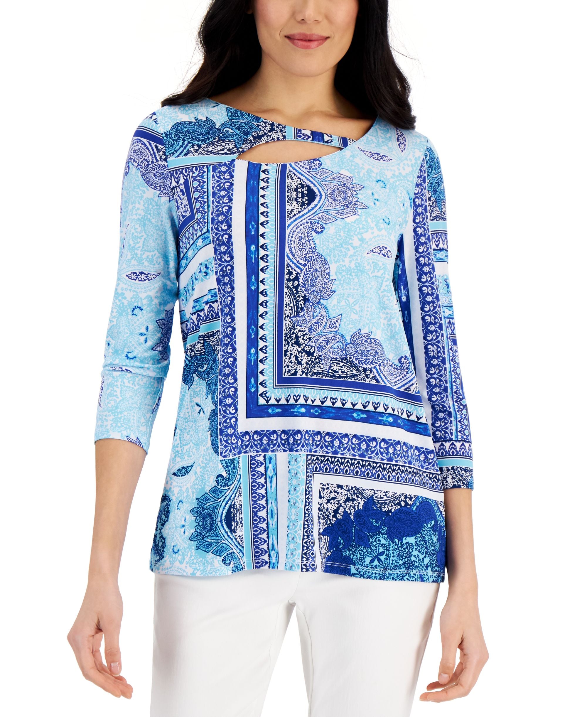 JM Collection Womens Serafina Patchwork Print Premium Top