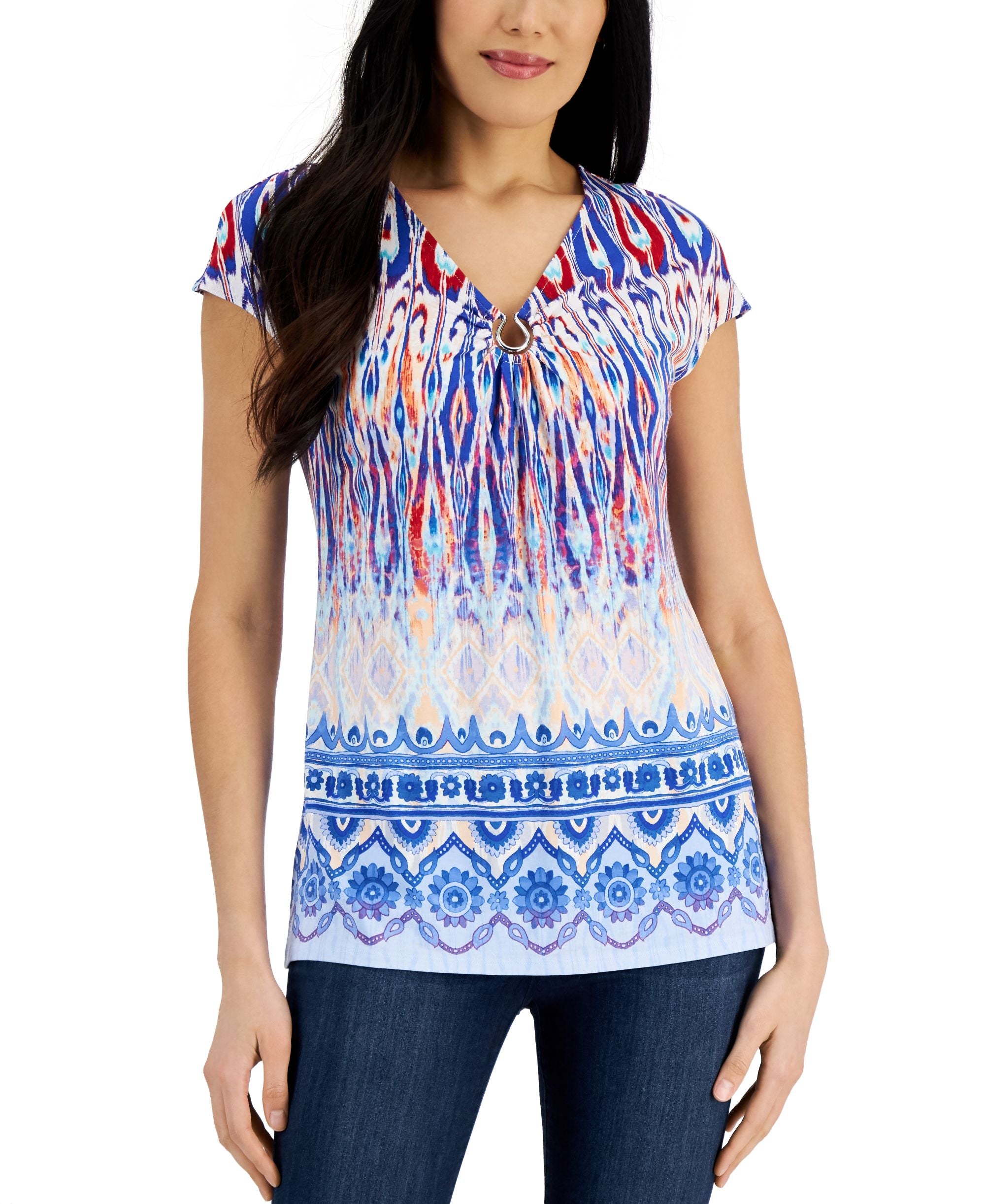 JM Collection Womens Ikat Print Ring Premium Top