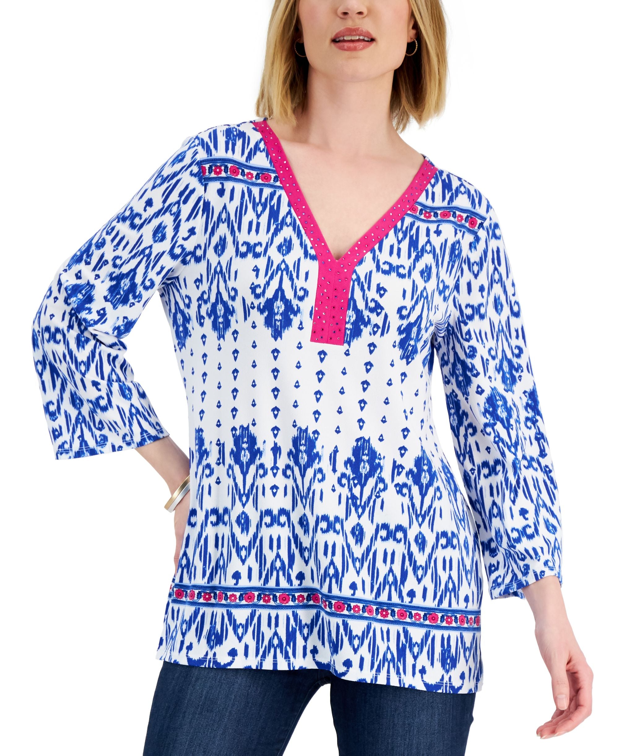 JM Collection Womens Embellished Ikat Premium Top