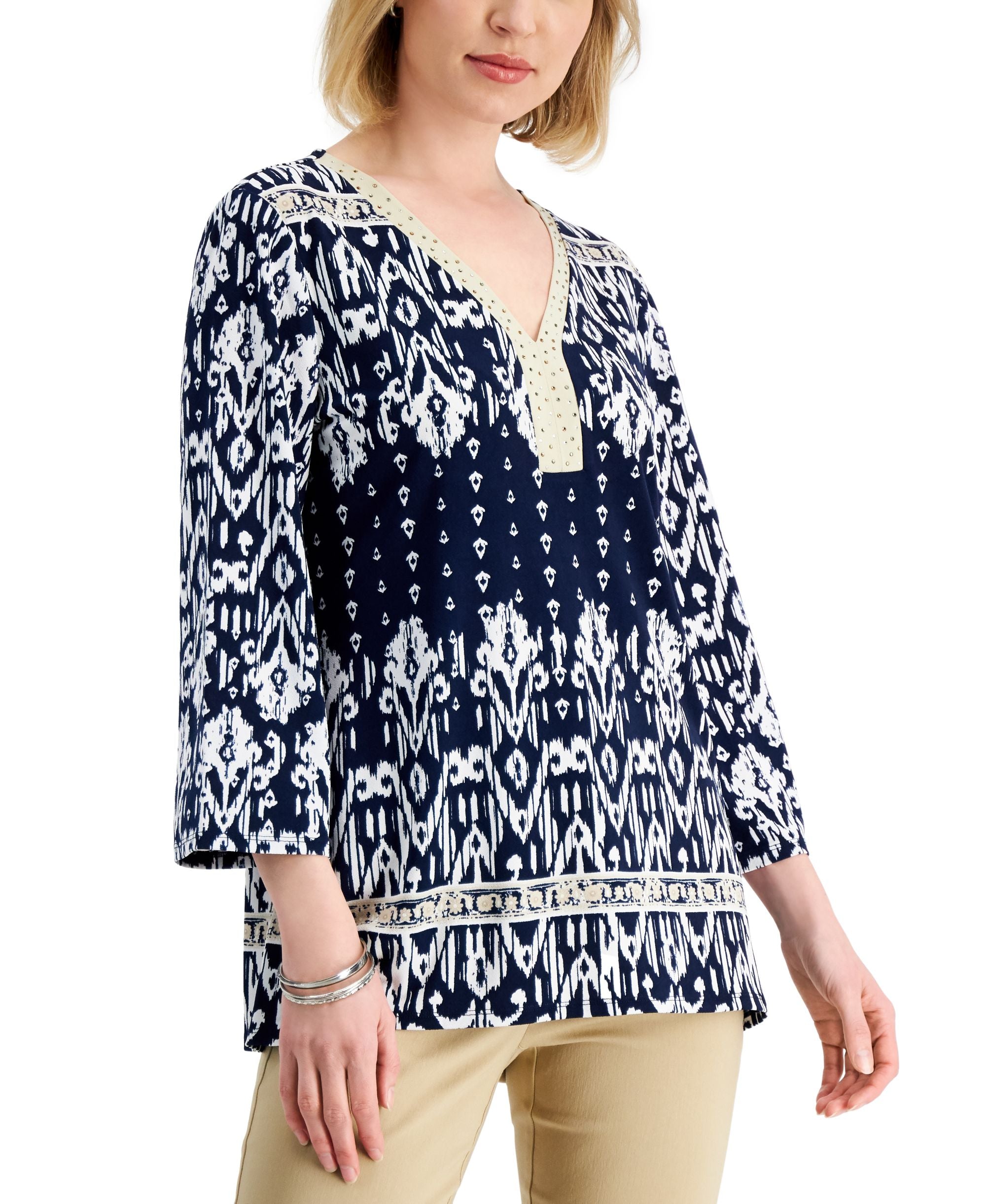 JM Collection Womens Embellished Ikat Premium Top