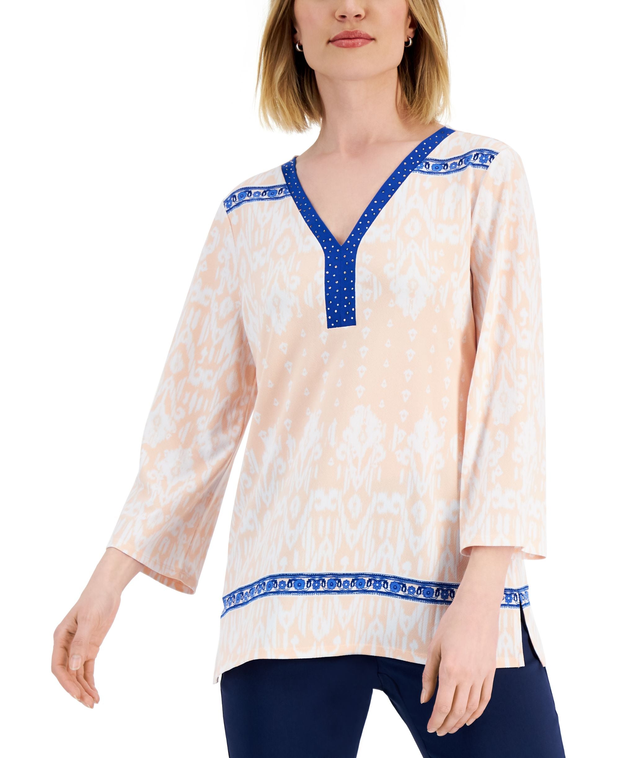 JM Collection Womens Embellished Ikat Premium Top