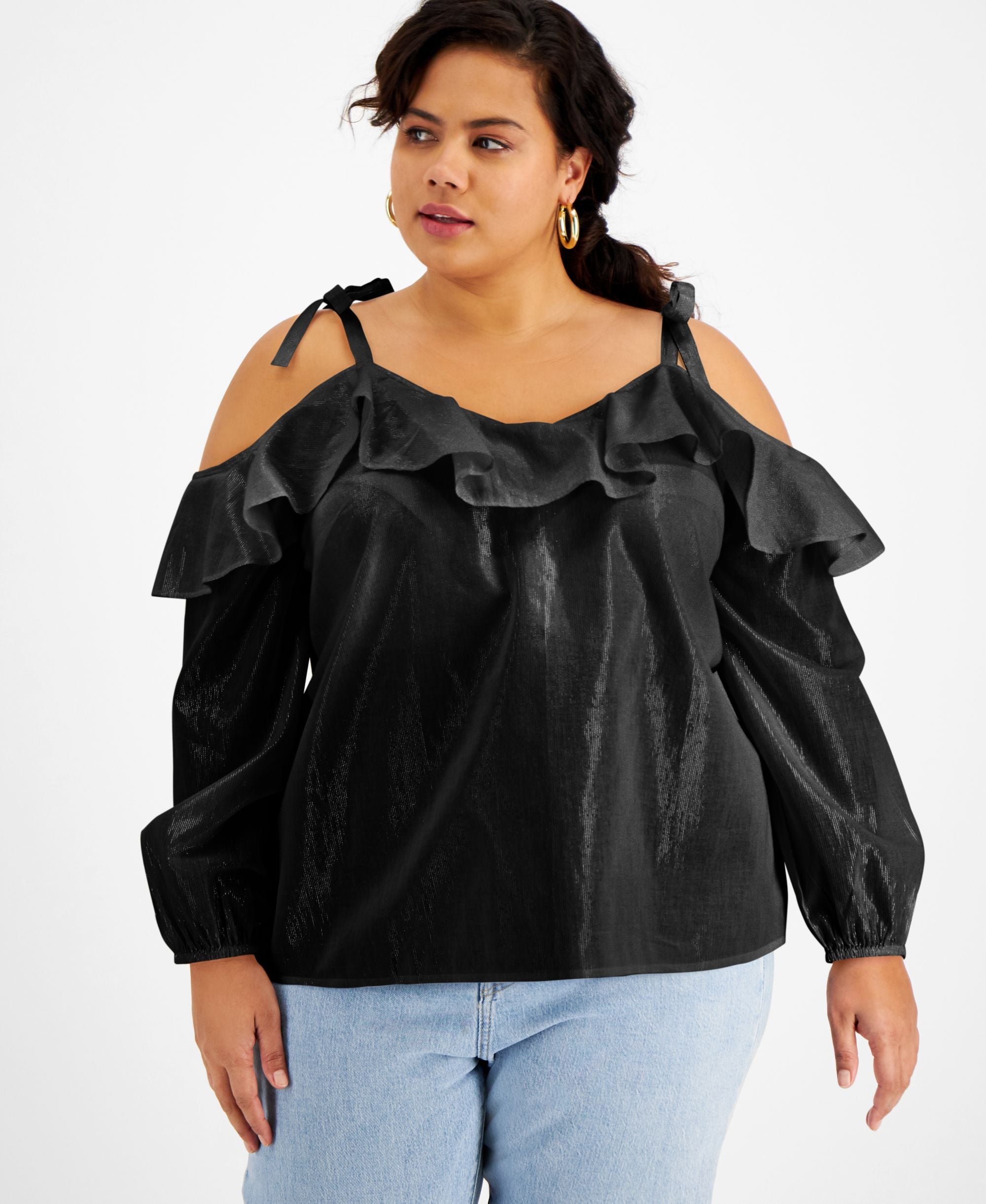 Inc International Concepts Plus Size Ruffled Cold-Shoulder Signature Blouse