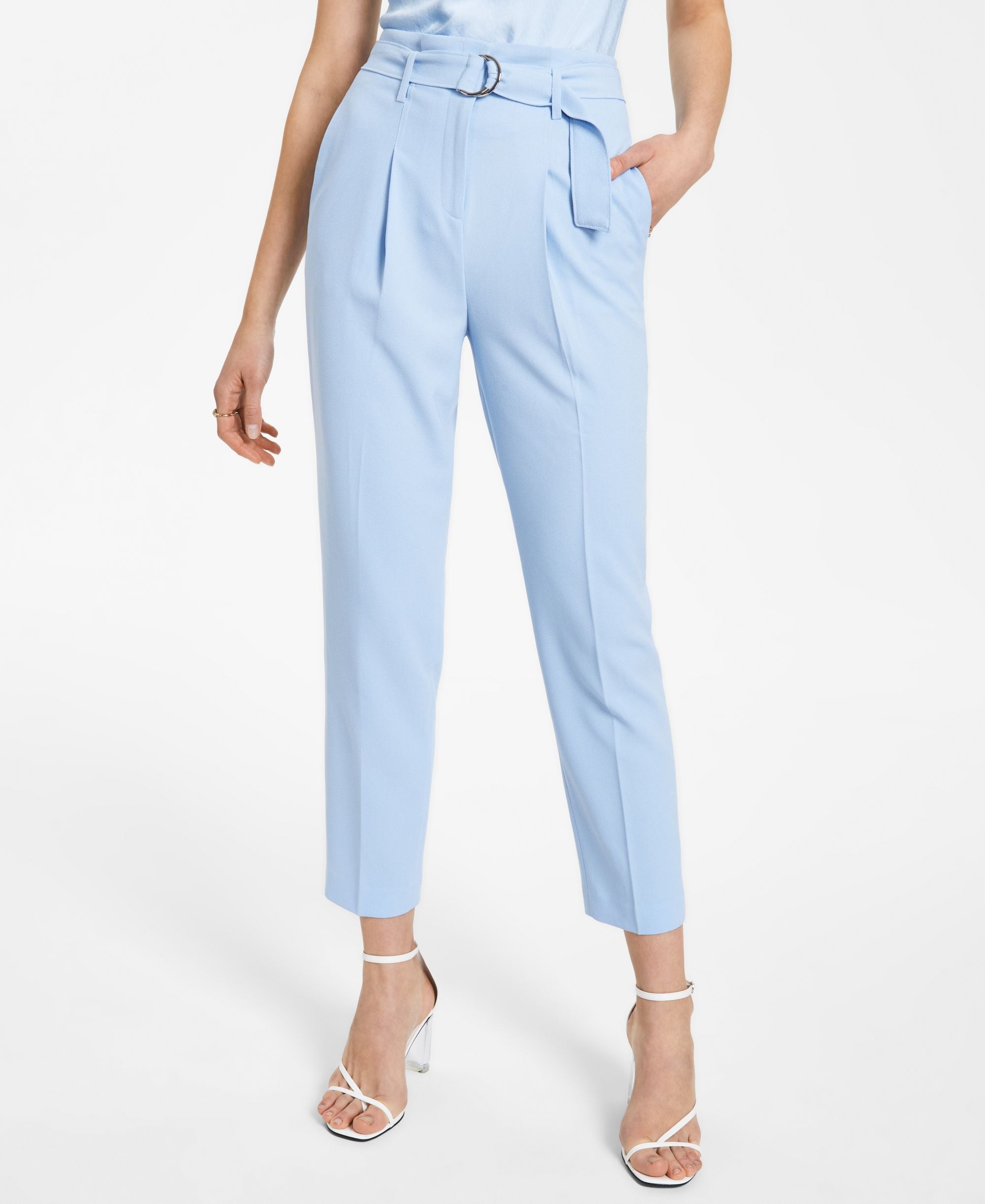 Bar III Textured Crepe Paper Bag Straight-Cut Ankle Signature Pants