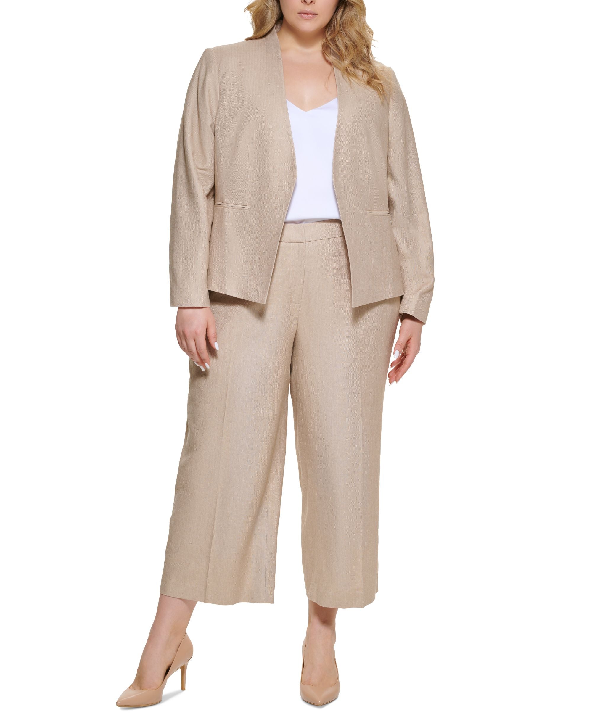Calvin Klein Plus Size Linen-Blend Cropped Wide-Leg Signature Pants
