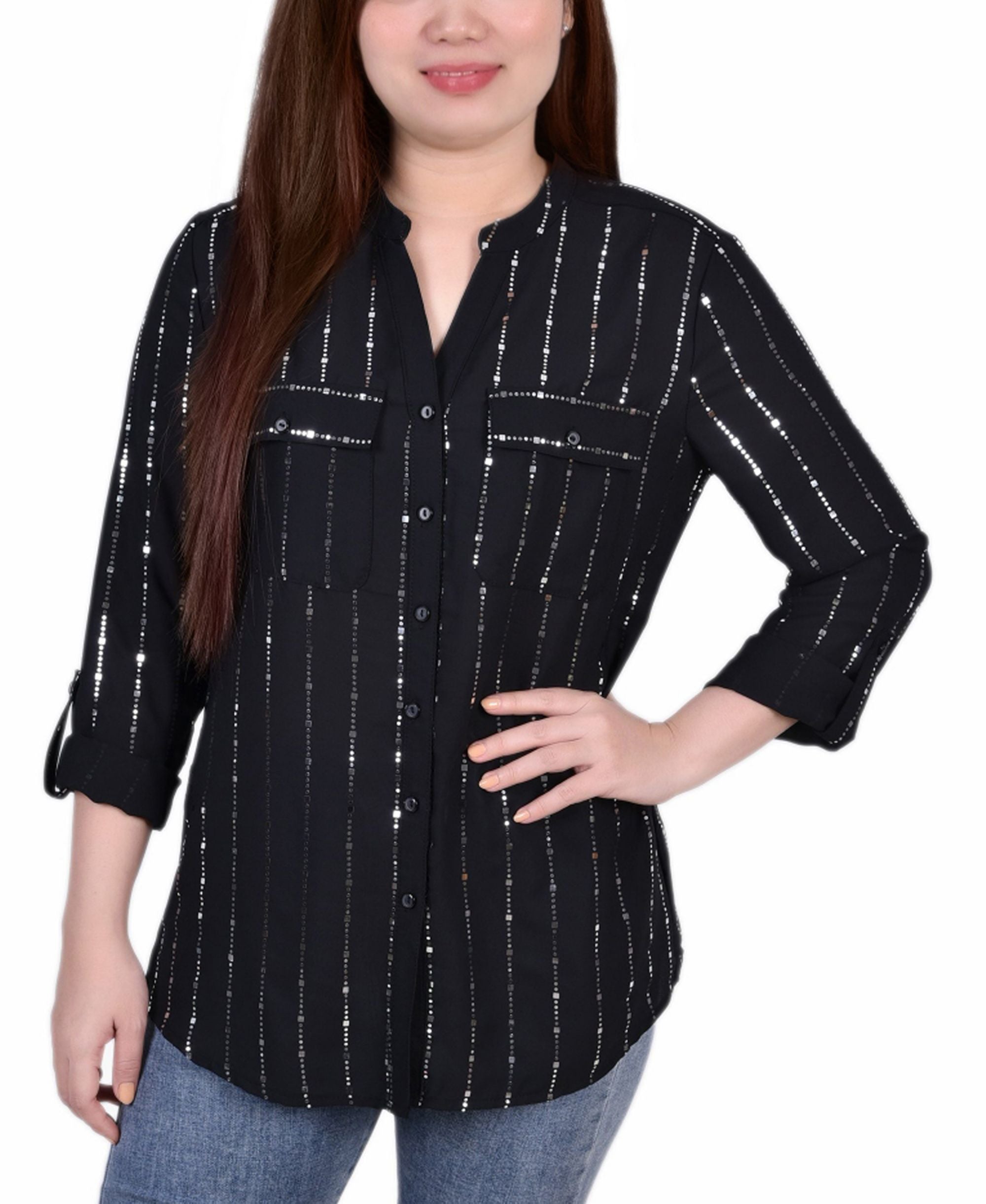 Petite Size 3/4 Sleeve Roll Tab Signature Blouse With Metallic Details Premium Top