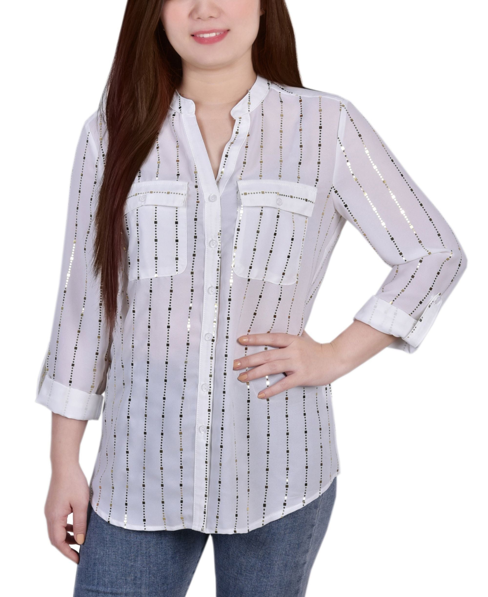 Petite Size 3/4 Sleeve Roll Tab Signature Blouse With Metallic Details Premium Top