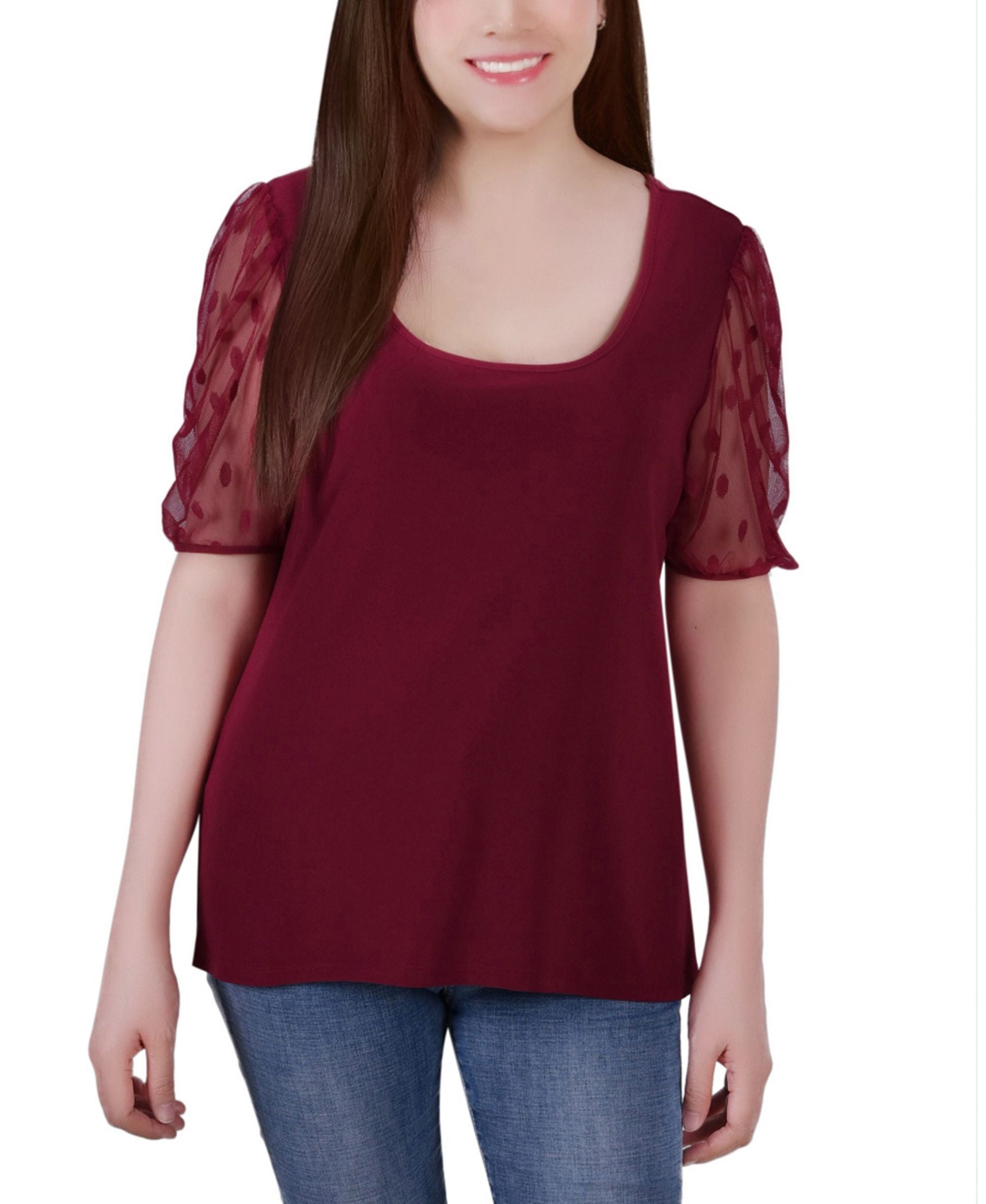 NY Collection Petite Mesh Dot Elbow Sleeve Crepe Premium Top