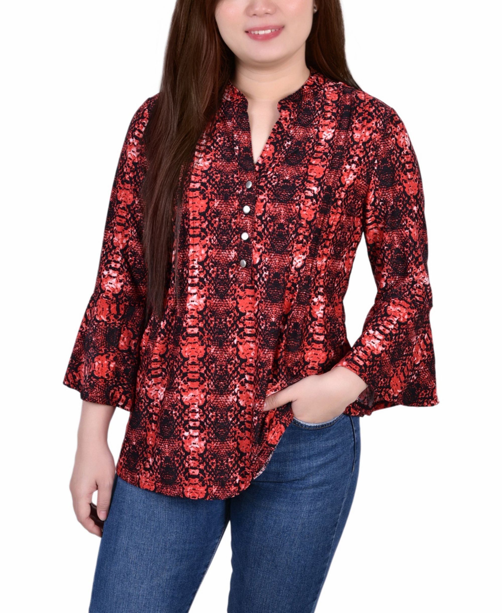 Petite 3/4 Bell Sleeve Printed Pleat Front Y-neck Premium Top