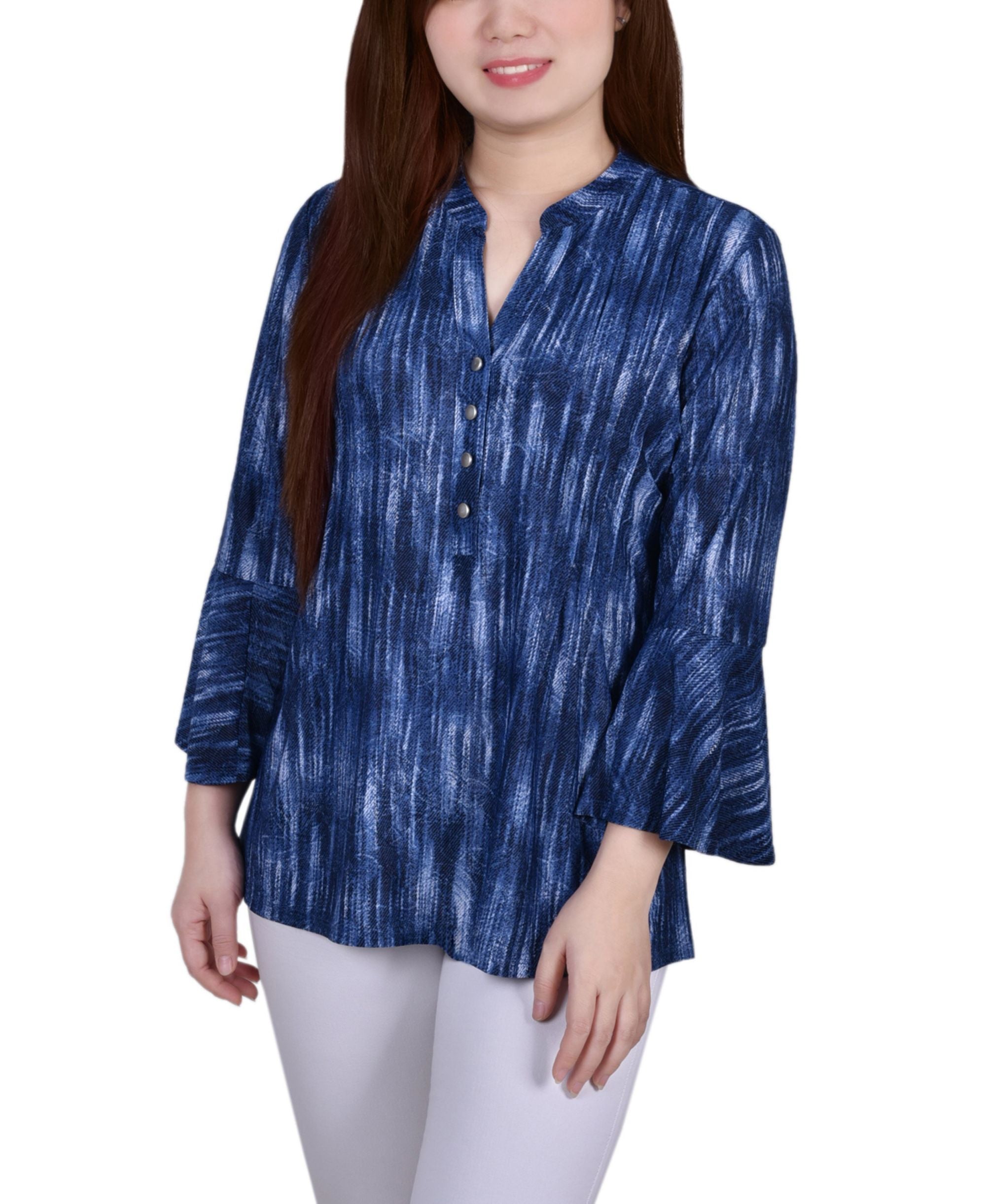 Petite 3/4 Bell Sleeve Printed Pleat Front Y-neck Premium Top