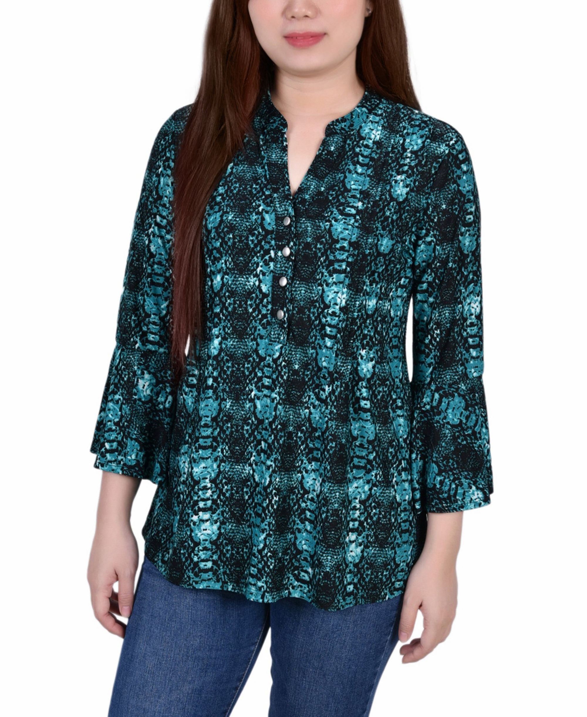 Petite 3/4 Bell Sleeve Printed Pleat Front Y-neck Premium Top
