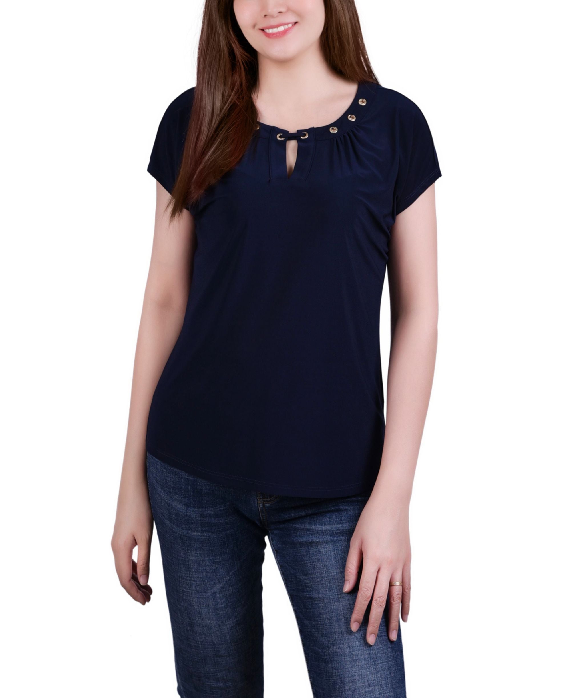Petite Size Short-Sleeve Grommet Premium Top with Keyhole