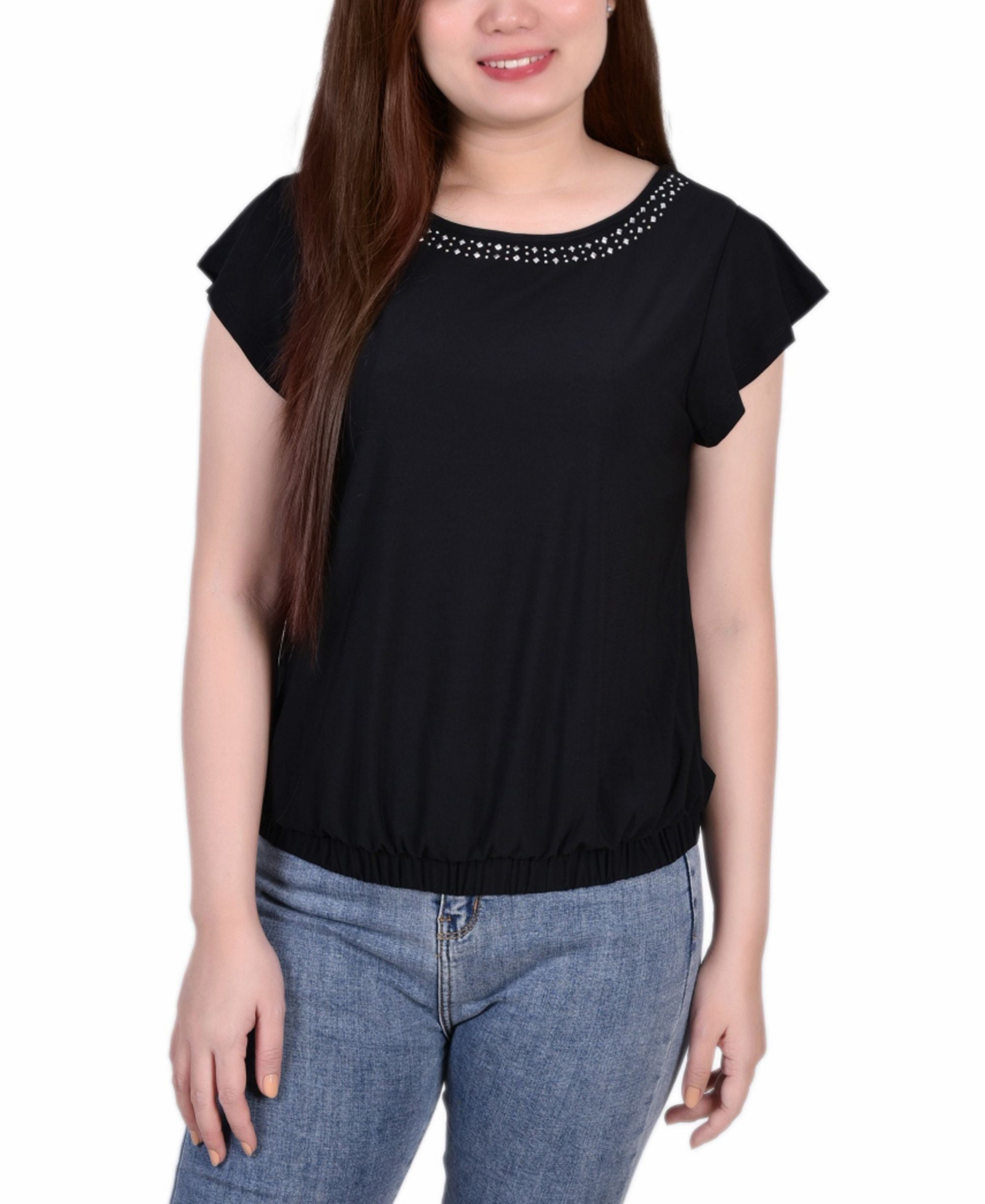 Petite Size Short Flutter-Sleeve Premium Top With Studded Neckline