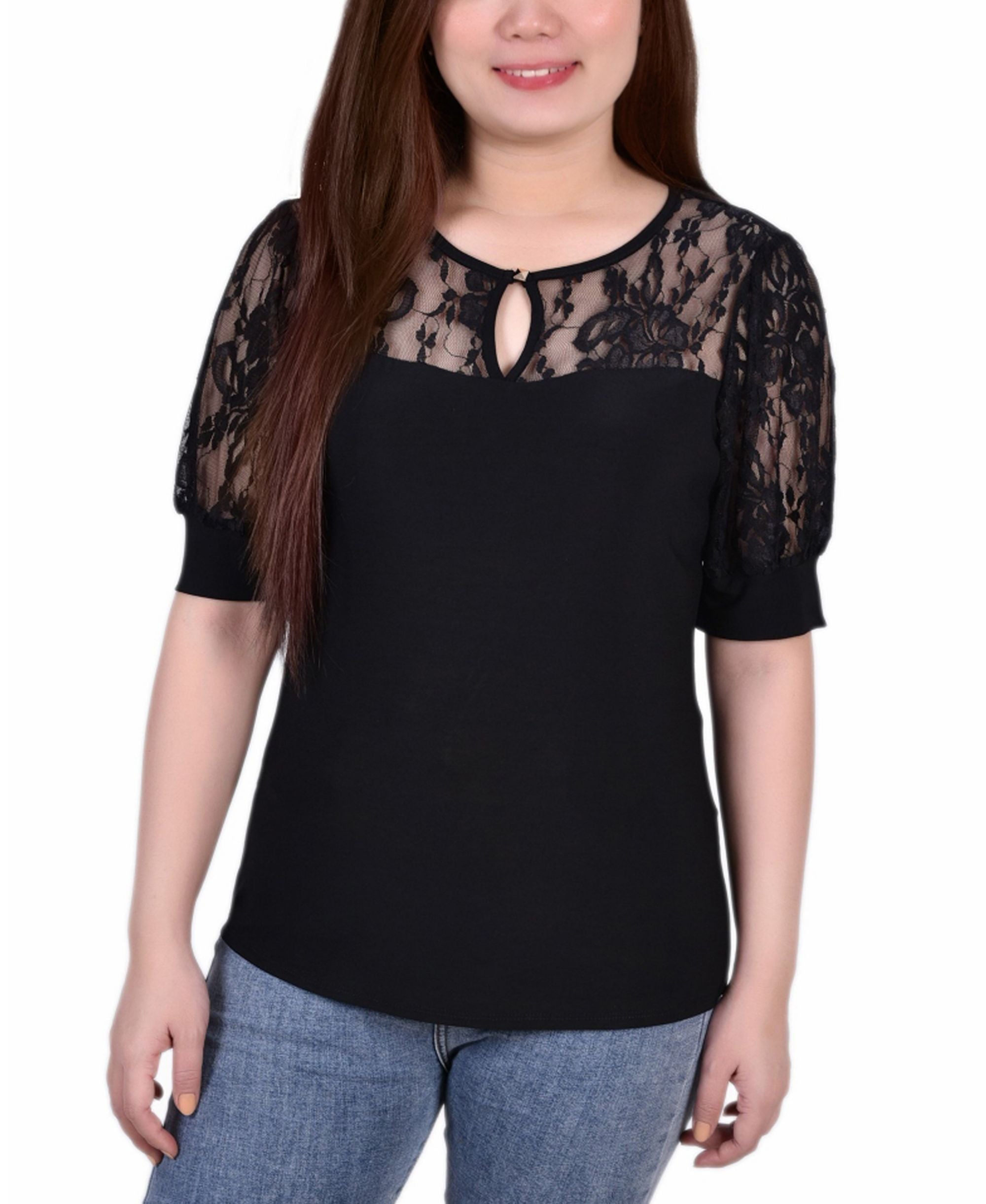 Petite Puff-Sleeve Lace Premium Top
