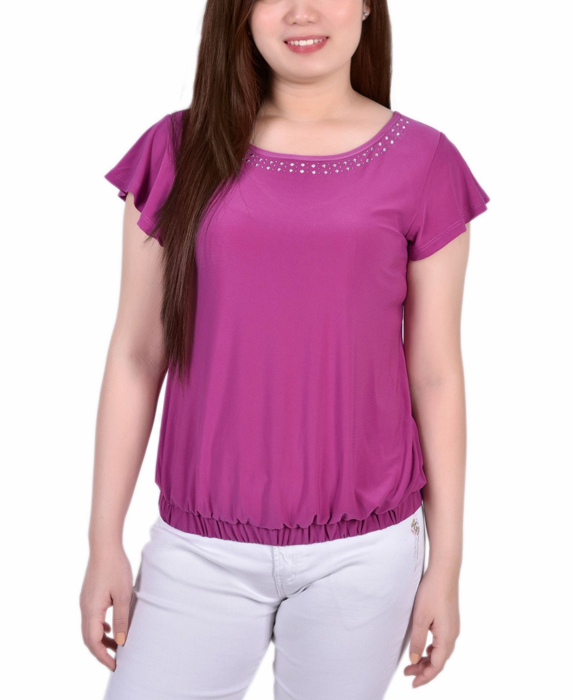 Petite Size Short Flutter-Sleeve Premium Top With Studded Neckline