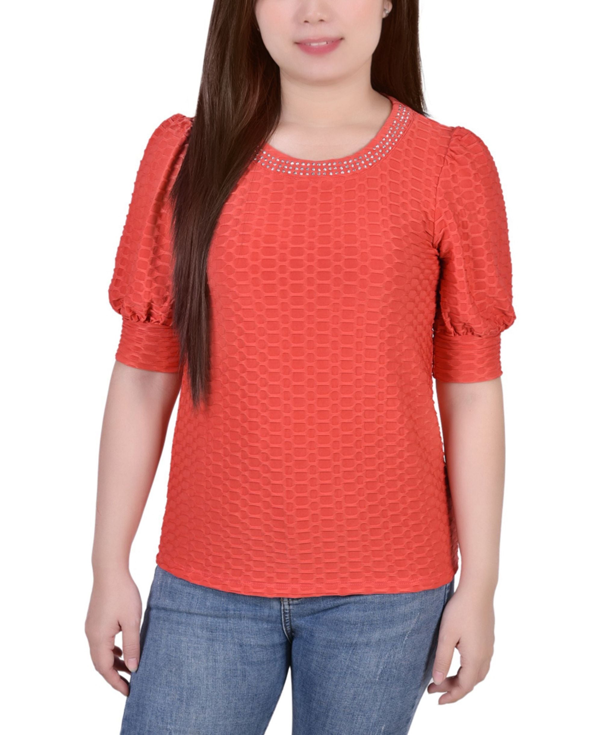 Petite Short Puff-Sleeve Honeycomb Premium Top