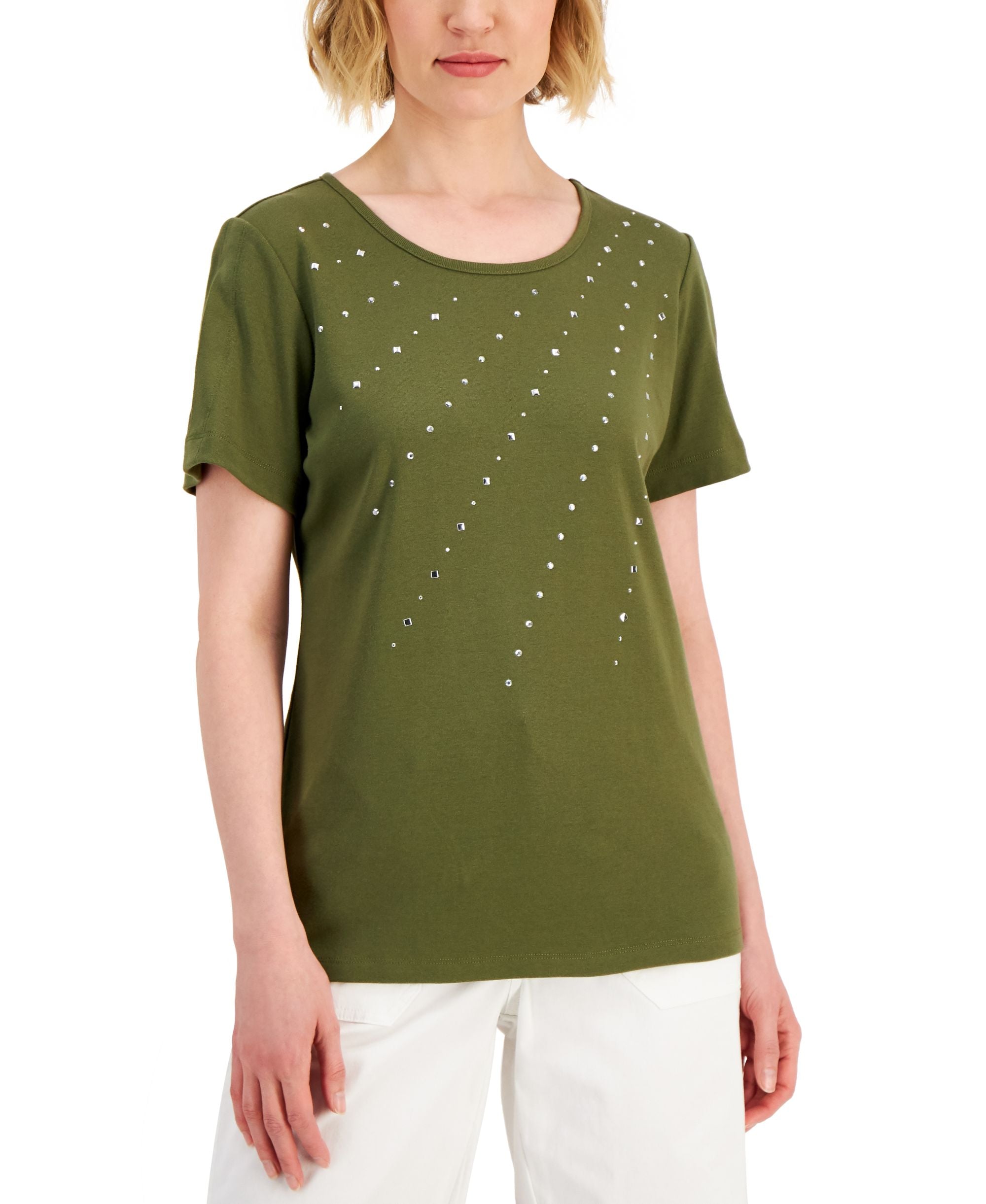 Karen Scott Womens Cotton Embellished Premium Top