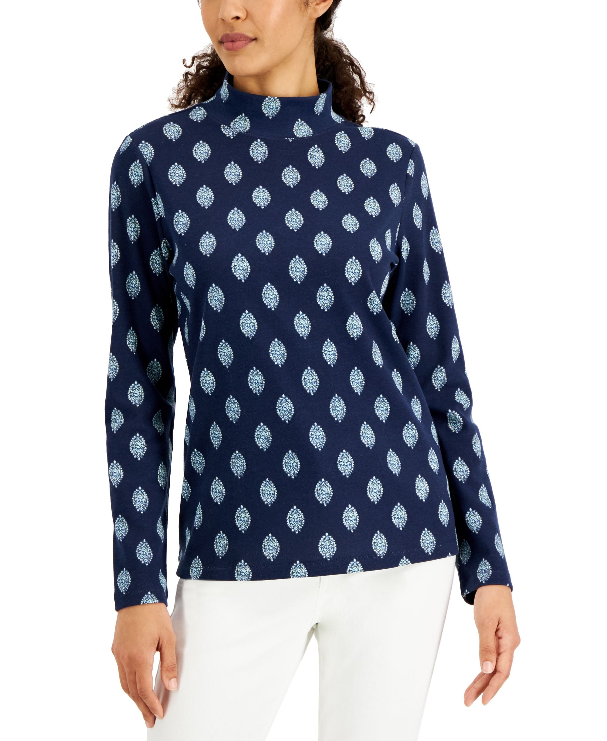 Karen Scott Womens Ikat Foulard Printed Mock Neck Premium Top