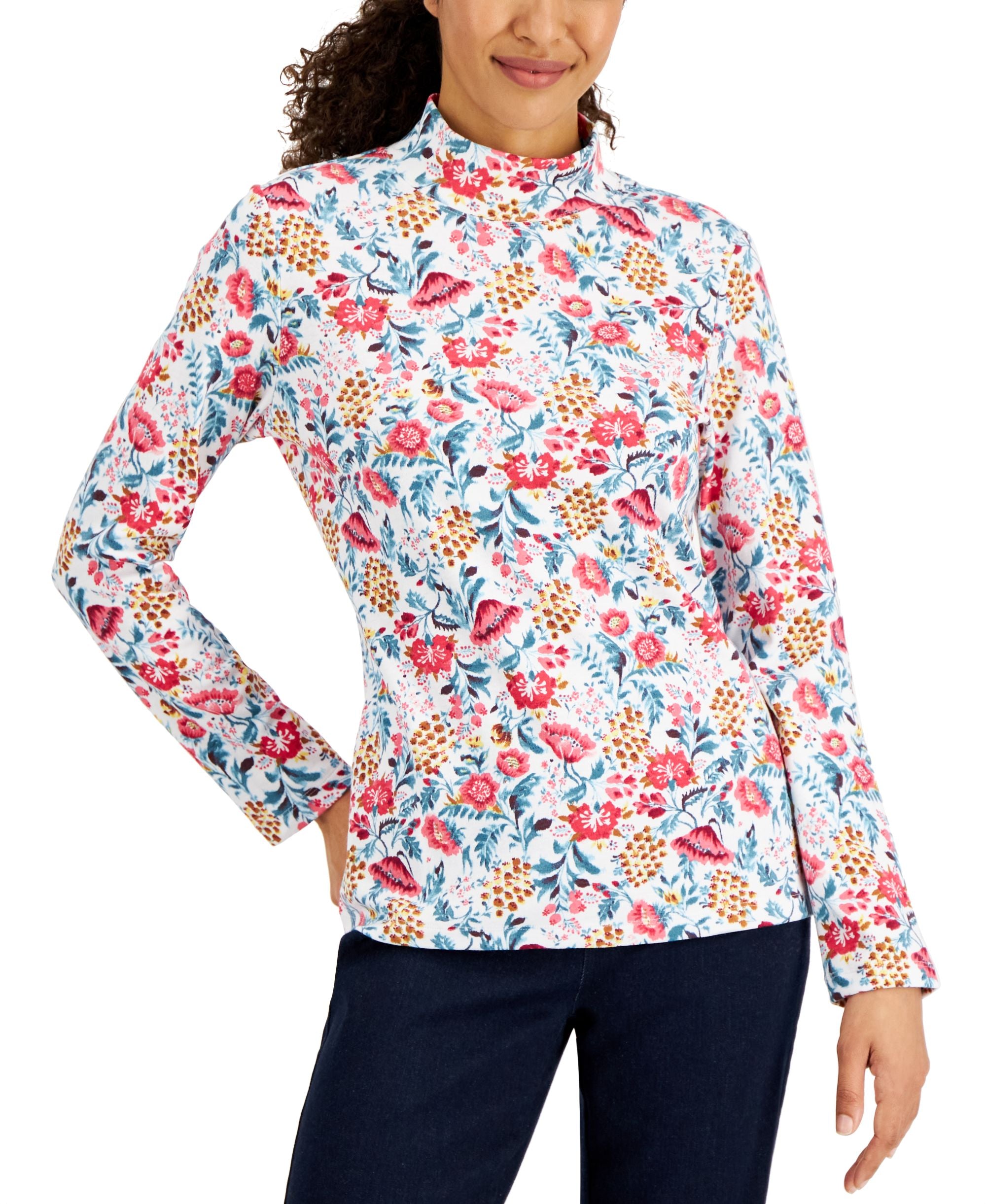 Karen Scott Womens Janelle Printed Mock Neck Premium Top