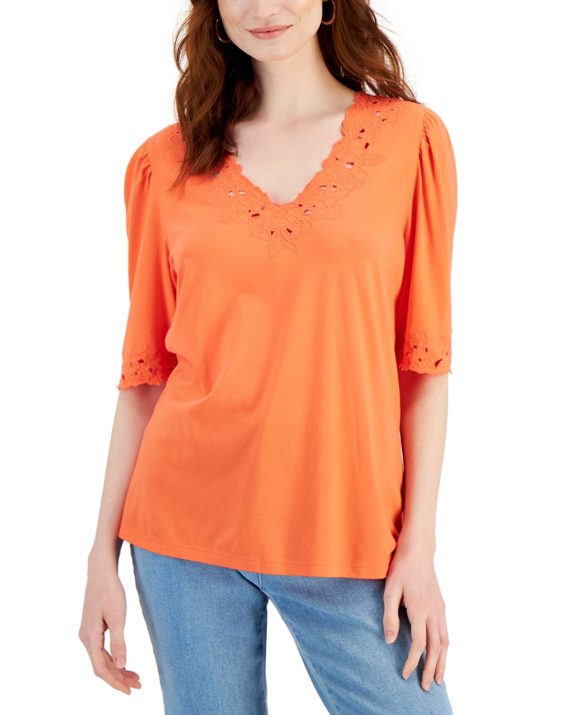 Charter Club Petite Crochet Trim Cotton Premium Top