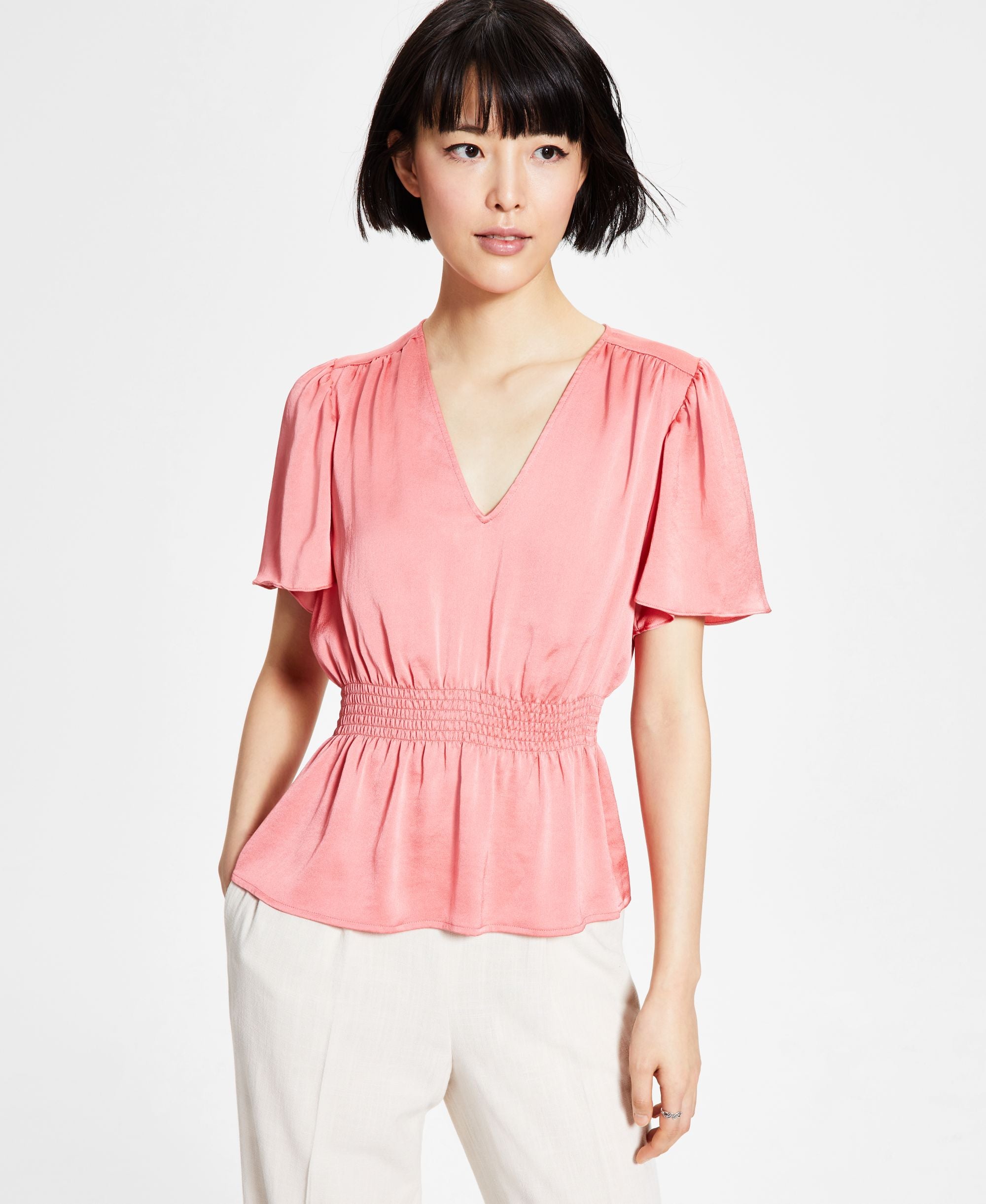 Bar III Womens V Neck Flutter-Sleeve Premium Top