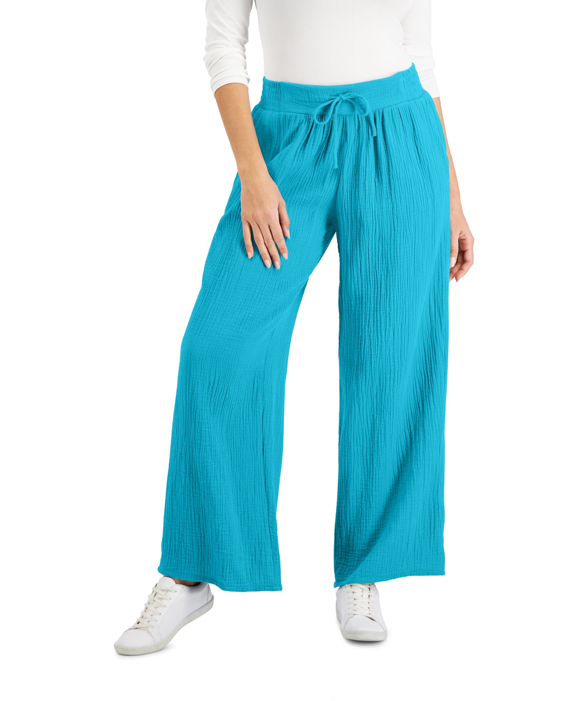JM Collection Petite Cotton Gauze Wide-Leg Signature Pants
