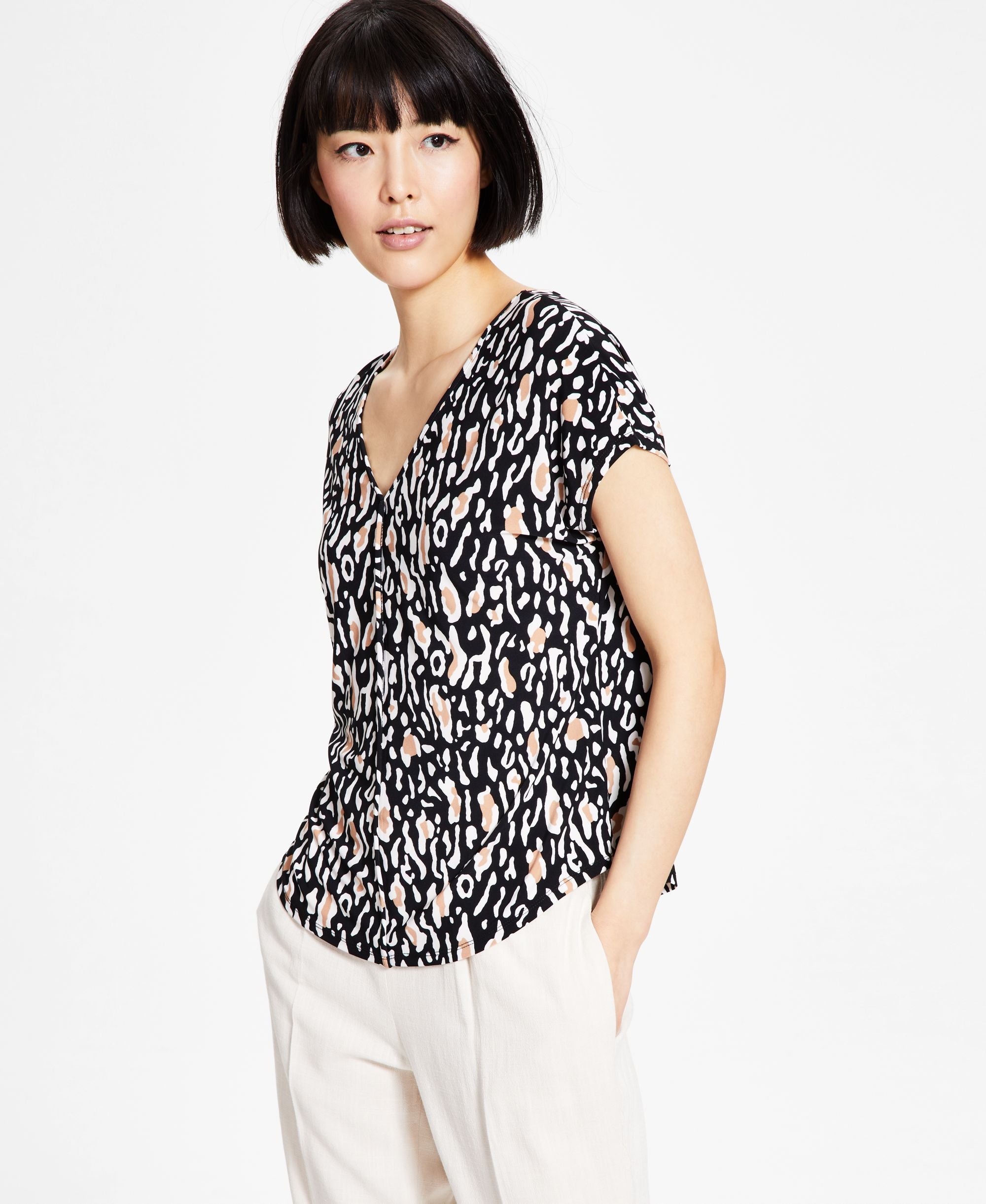 Bar III Womens Animal-Print V-Neck Premium Top