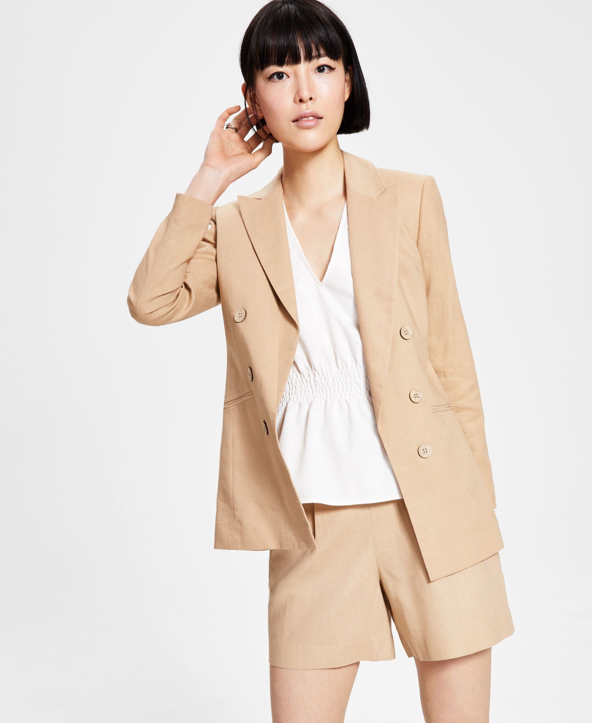 Bar III Womens Linen-Blend Faux-Double-Breasted Jacket