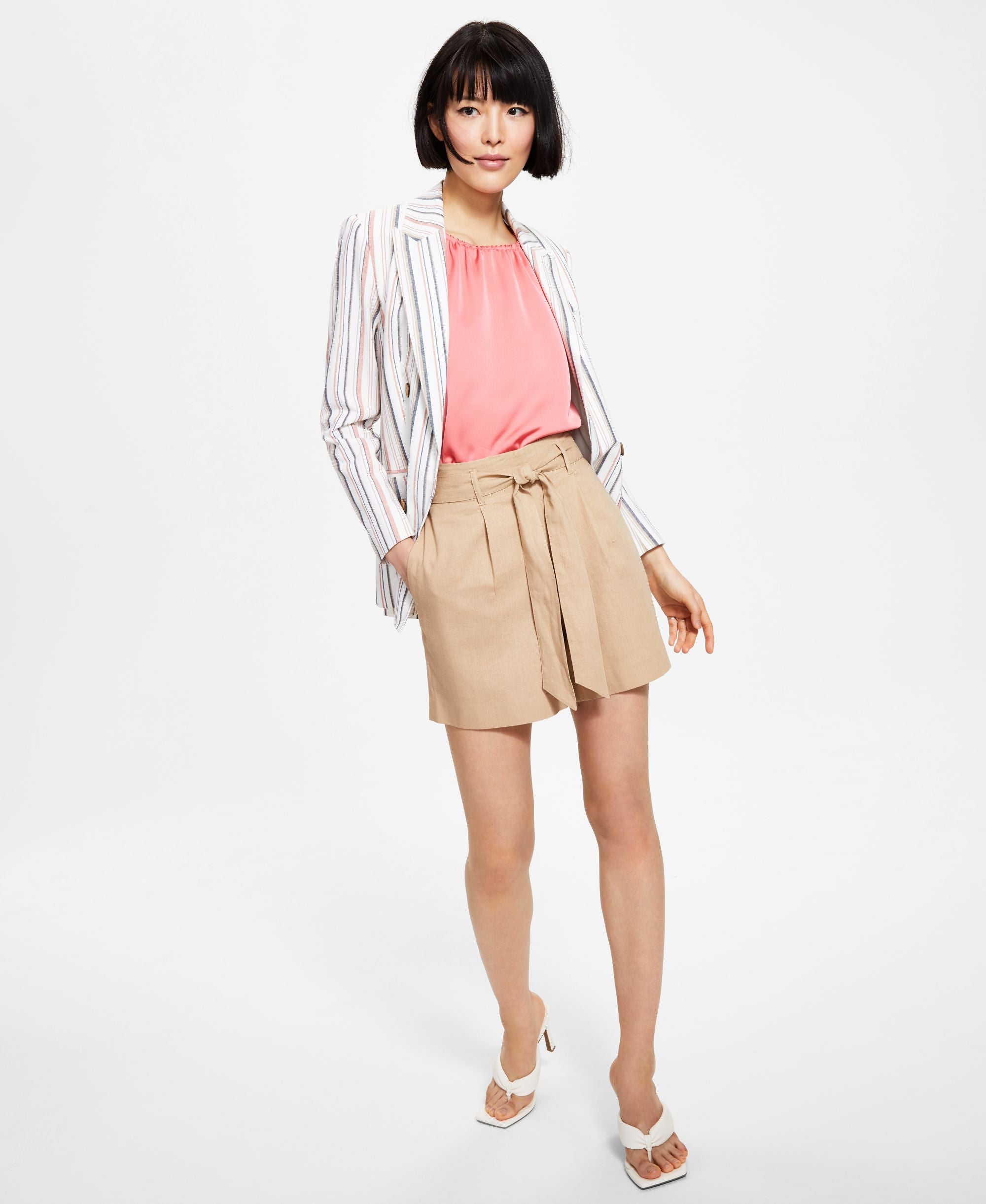 Bar III Womens Striped Faux Double Breasted Jacket