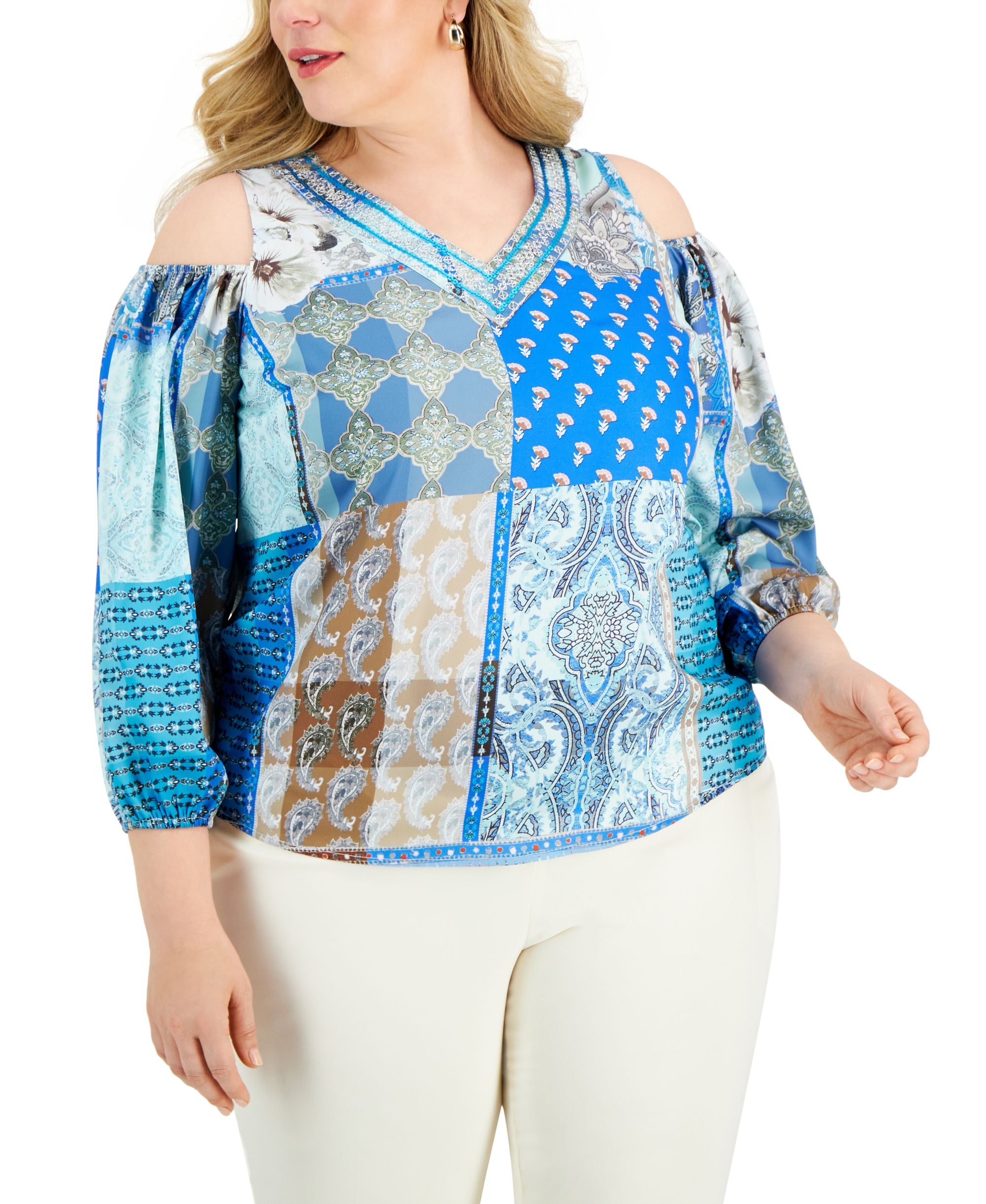 JM Collection Plus Size Cold Shoulder 3/4 Sleeve Premium Top