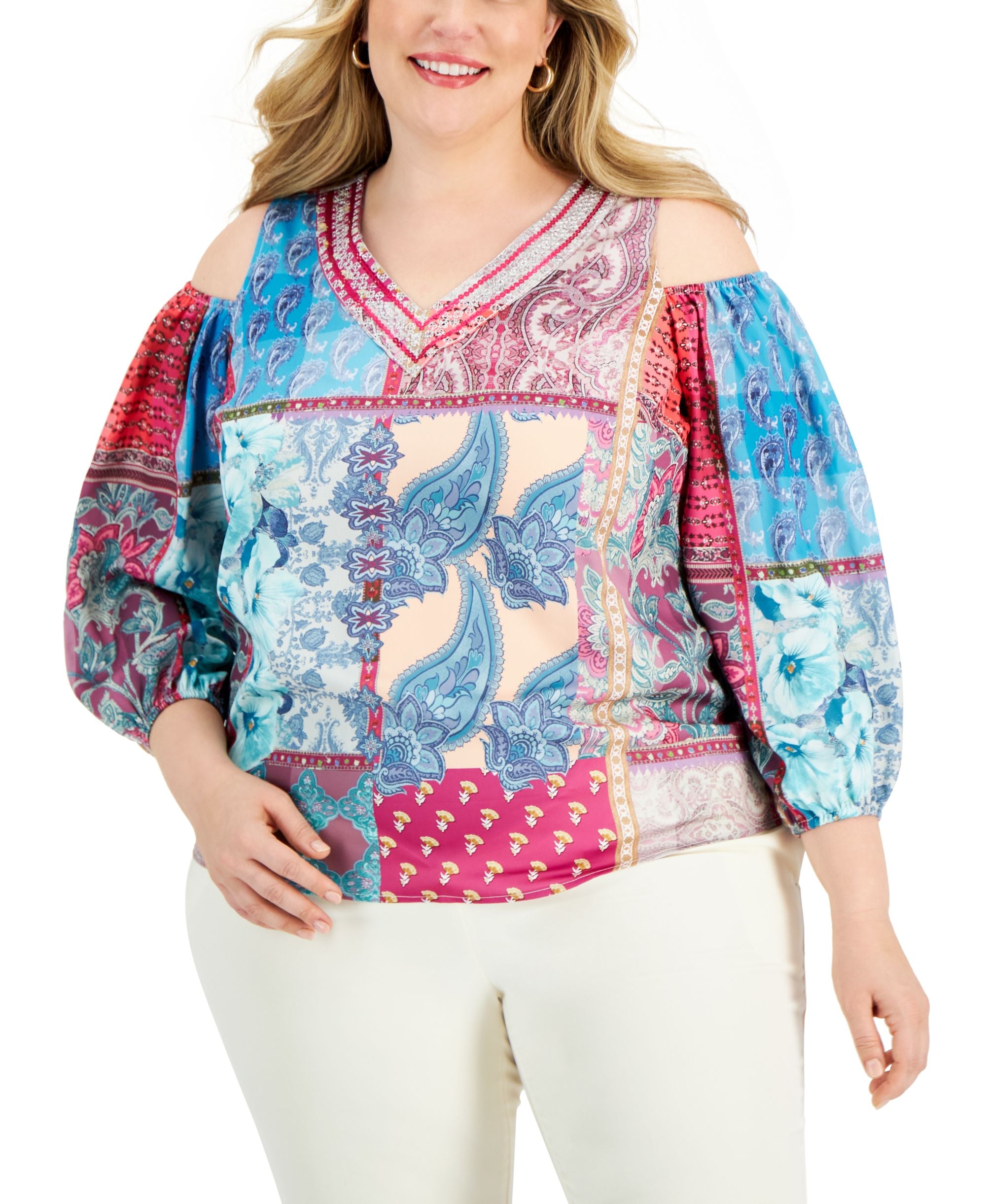 JM Collection Plus Size Cold Shoulder 3/4 Sleeve Premium Top