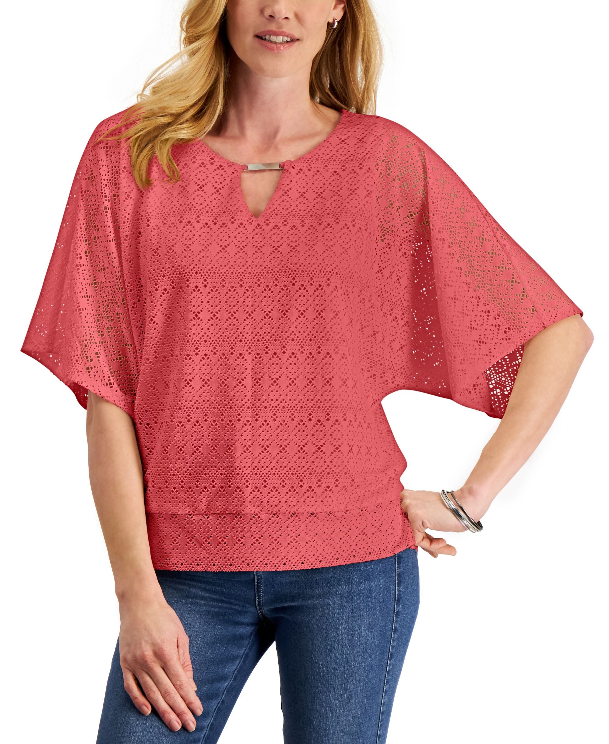 JM Collection Eyelet Poncho Premium Top
