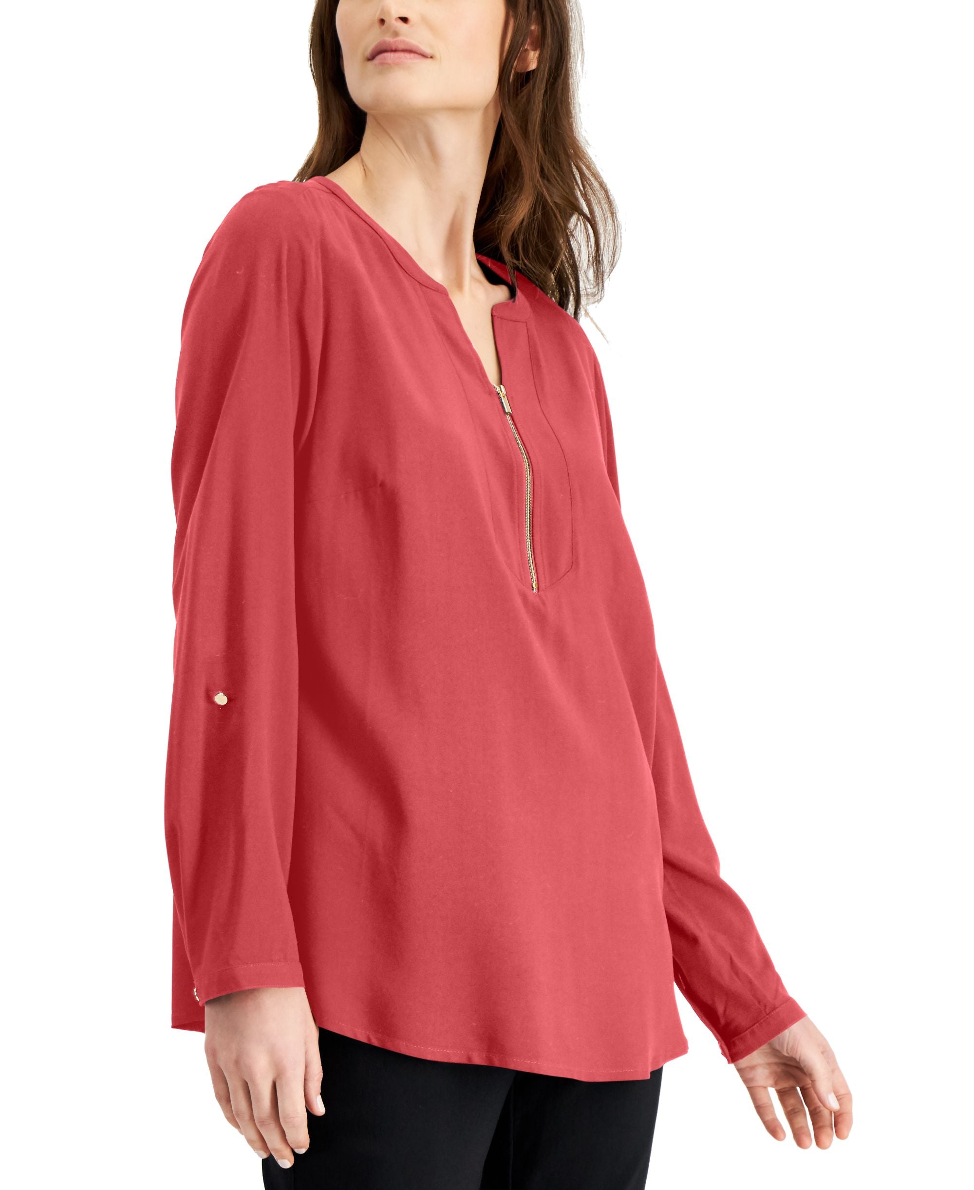 JM Collection Solid Zip Neck Utility Premium Top