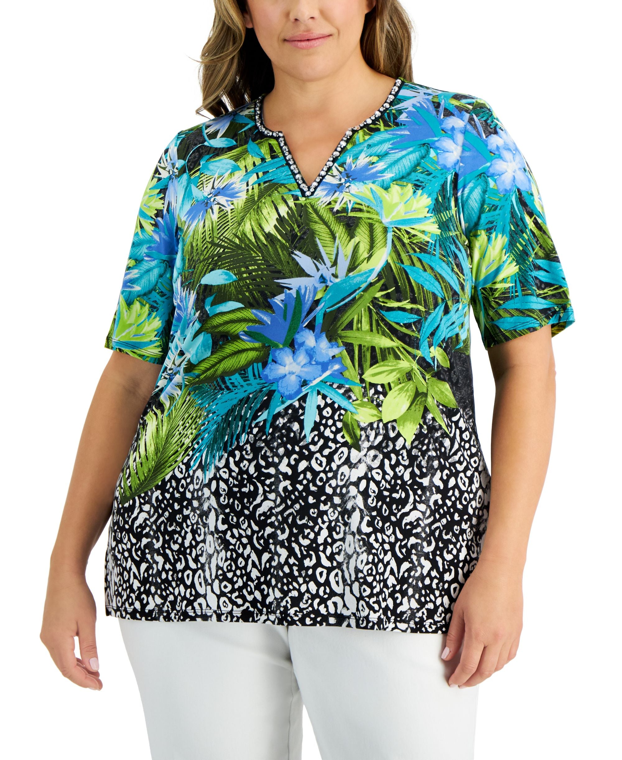 JM Collection Plus Asymmetrical Floral T-Modern Shirt