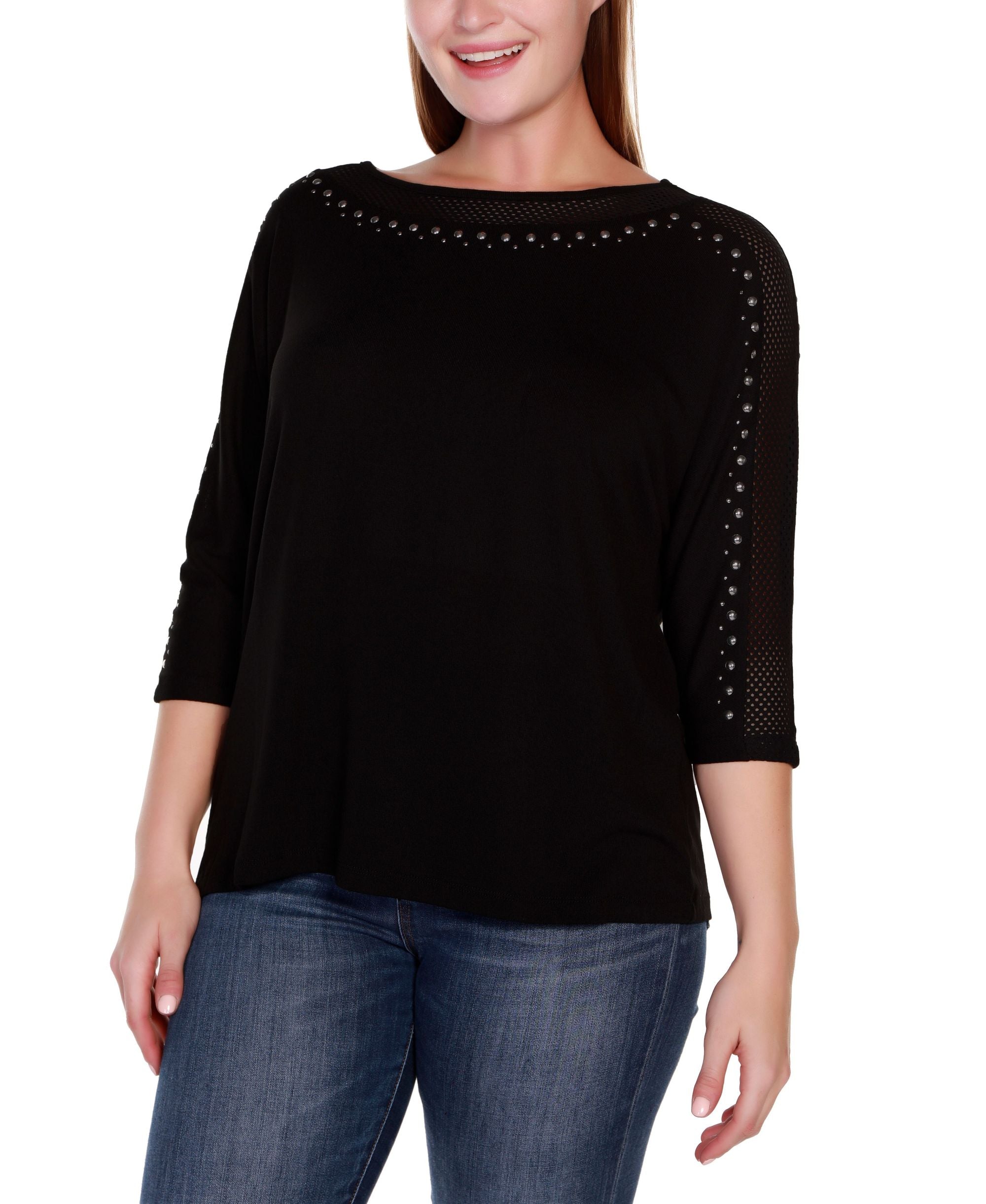 Plus Size Embellished Dolman with Mesh Inset Premium Top