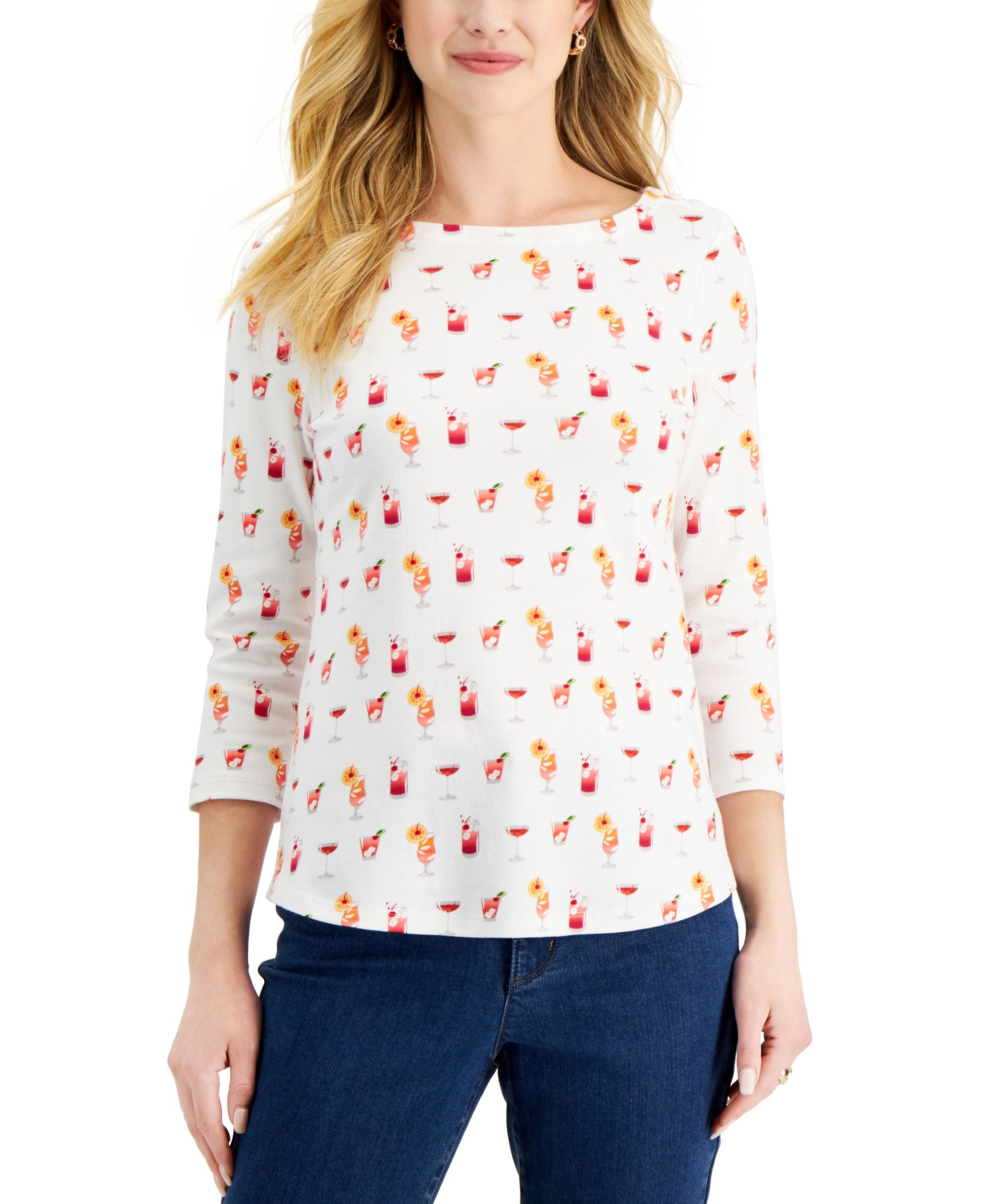 Charter Club Petite Printed 3/4 Sleeve Cotton Premium Top
