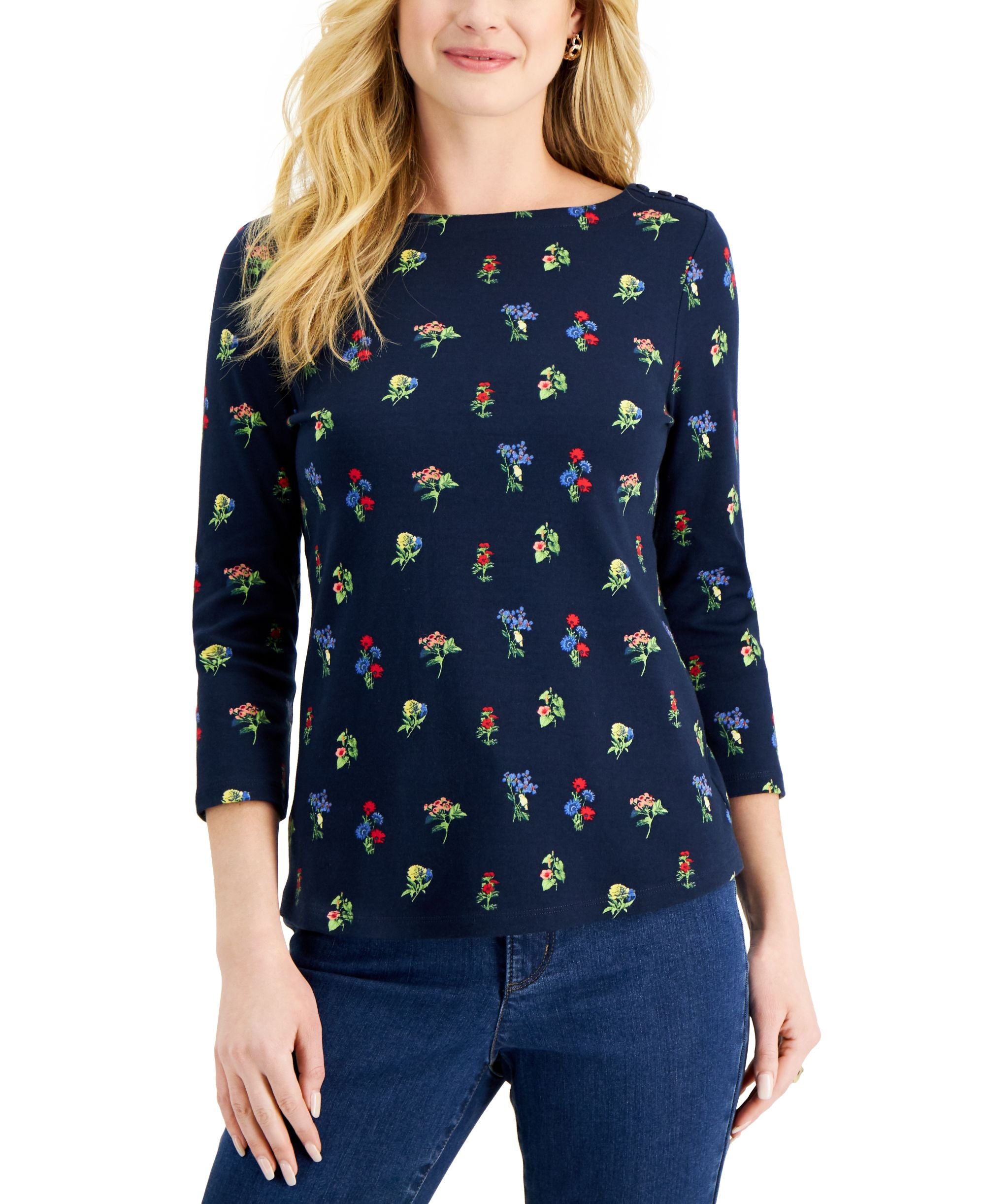Charter Club Womens Printed 3/4 Sleeve Premium Top