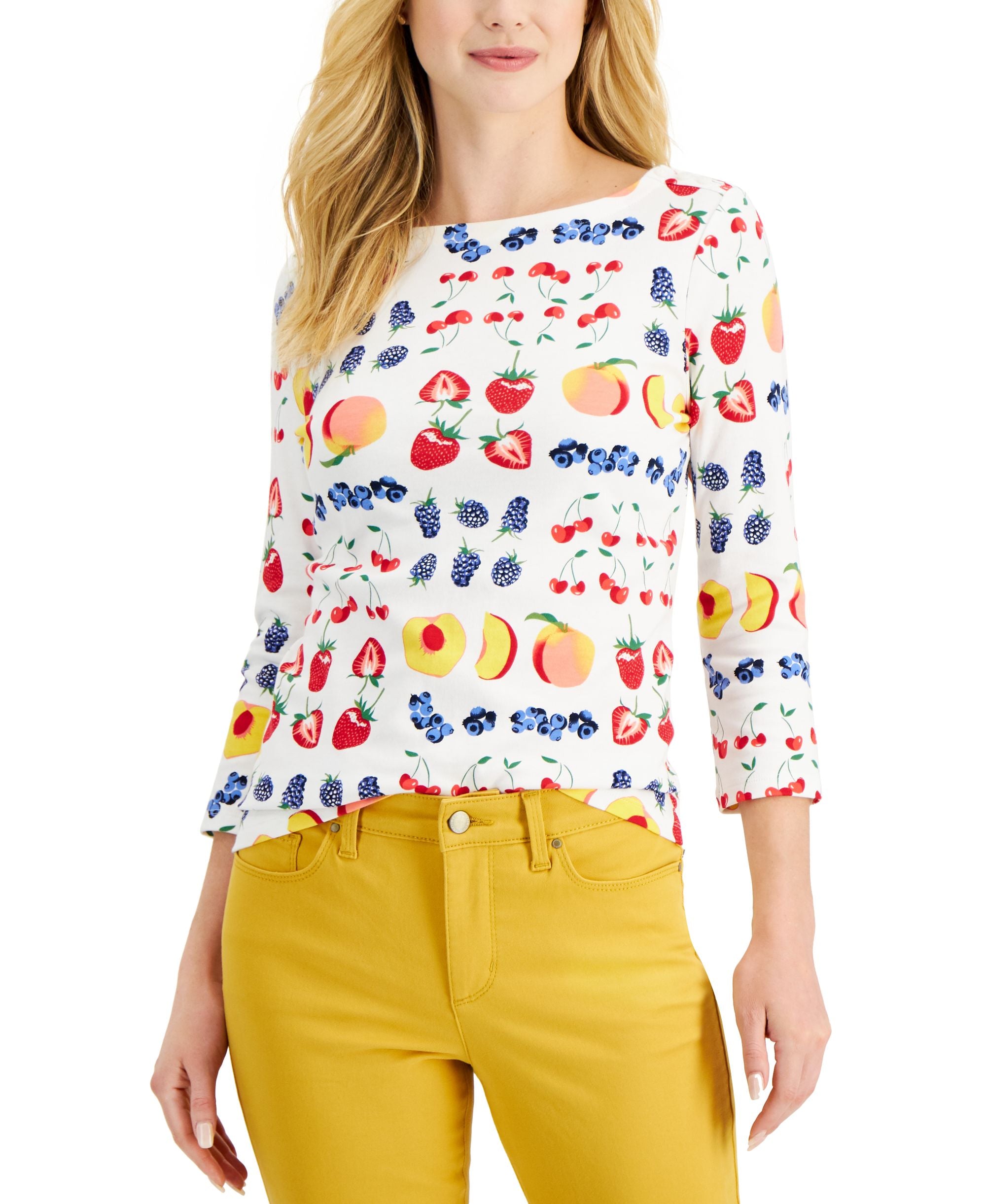 Charter Club Petite Printed 3/4 Sleeve Cotton Premium Top