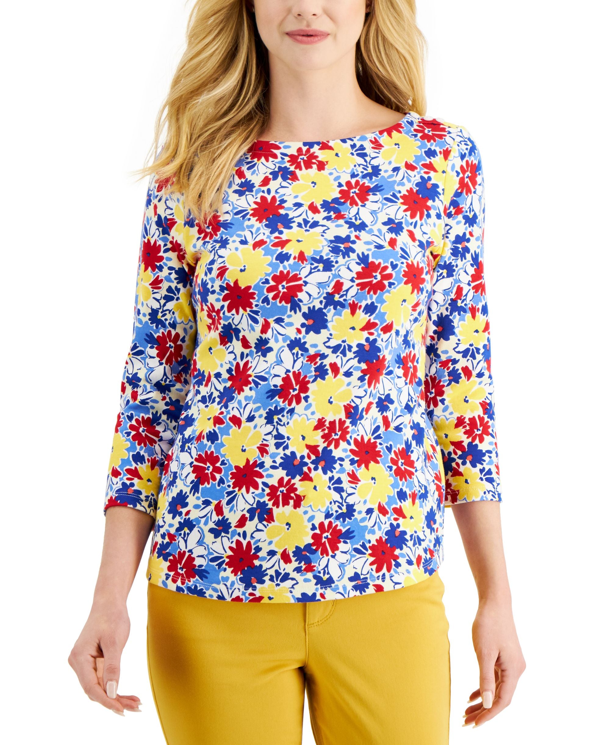 Charter Club Petite Floral Print 3/4 Sleeve Cotton Premium Top