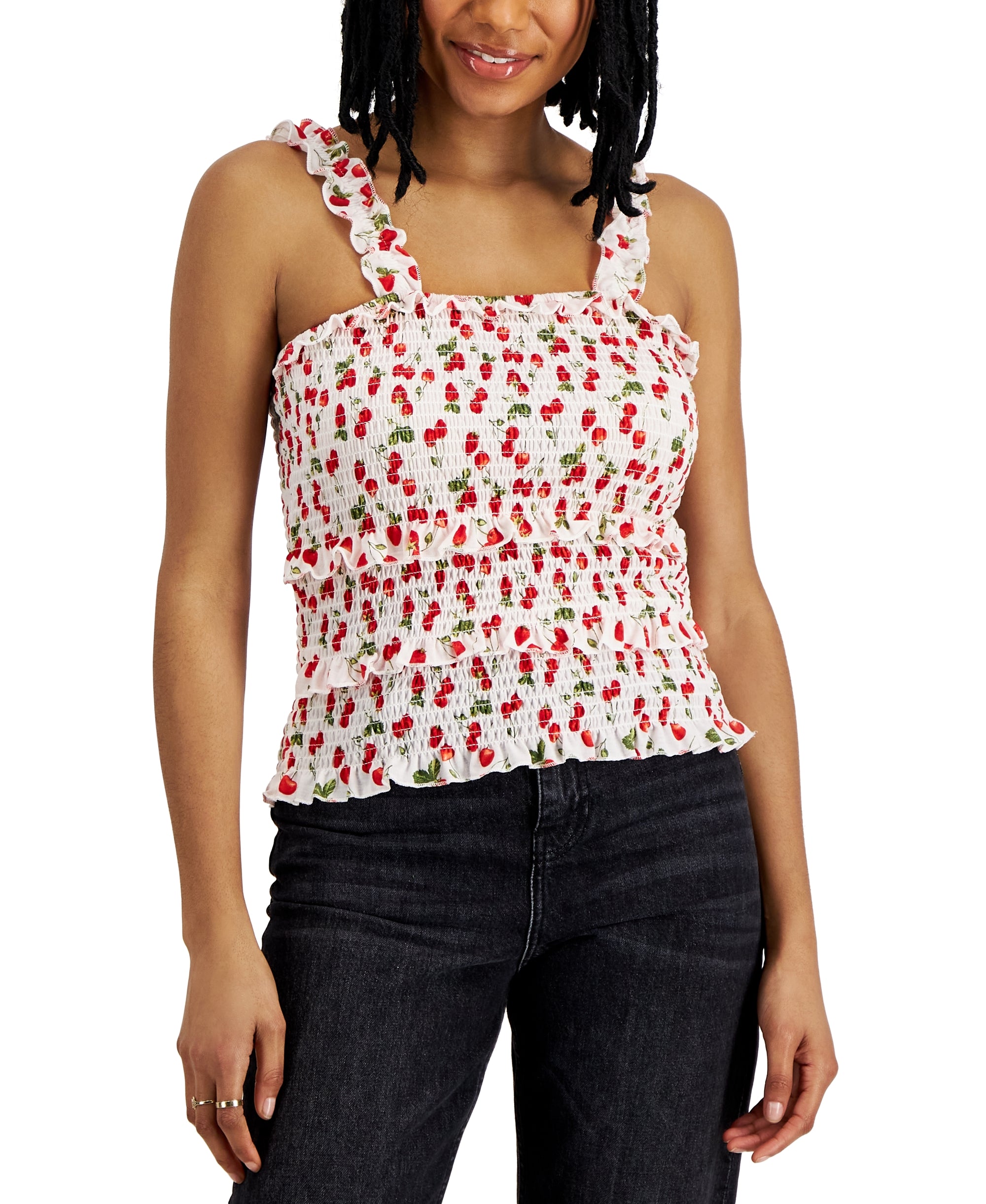 Juniors' Printed Tiered Flounce Smocked Tank Premium Top