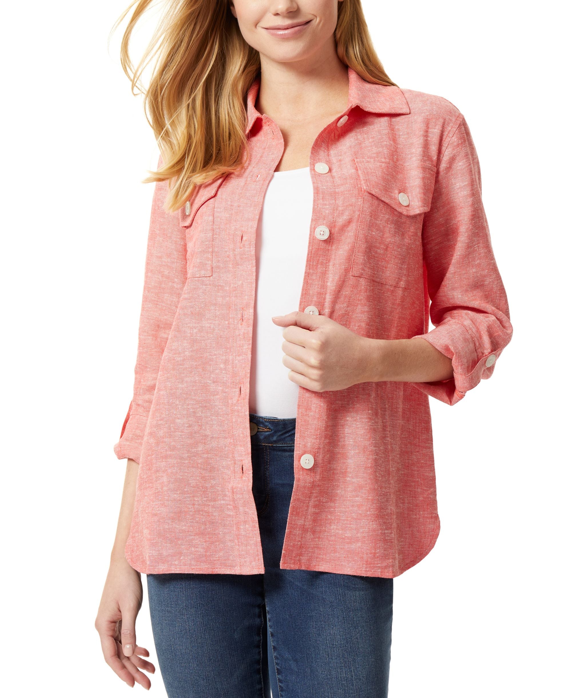 Jones New York Womens Button-down Rolled Sleeve Shacket Jacket